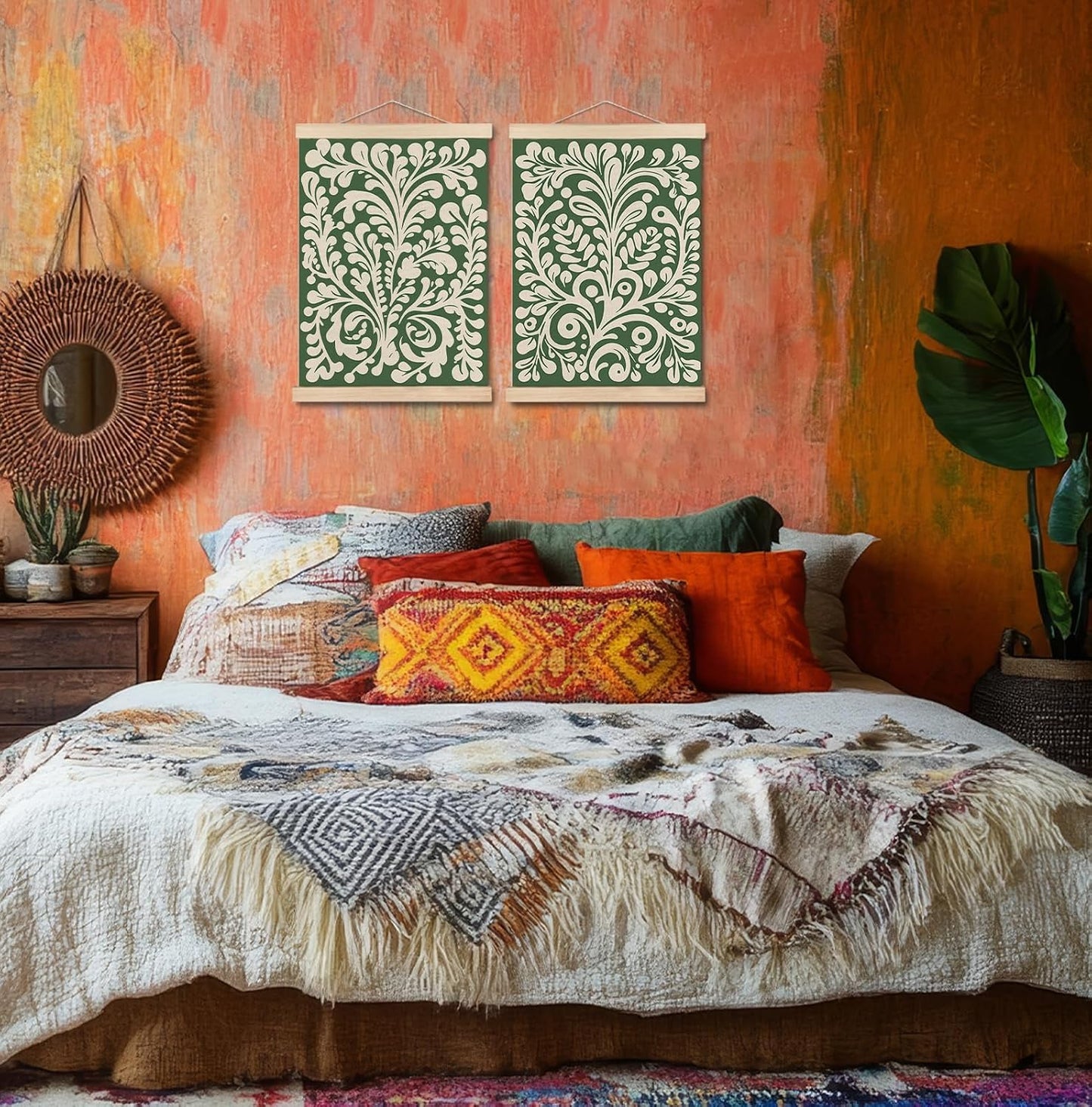 SPBL&L Green Boho Floral Mexican Wall Art, Abstract Flower Poster Hanger Frame, Burnt Orange Terracotta Botanical Hanging Canvas Pictures Prints Wall Decor for Home Bedroom, 12x16 Inch Set of 2 BST202
