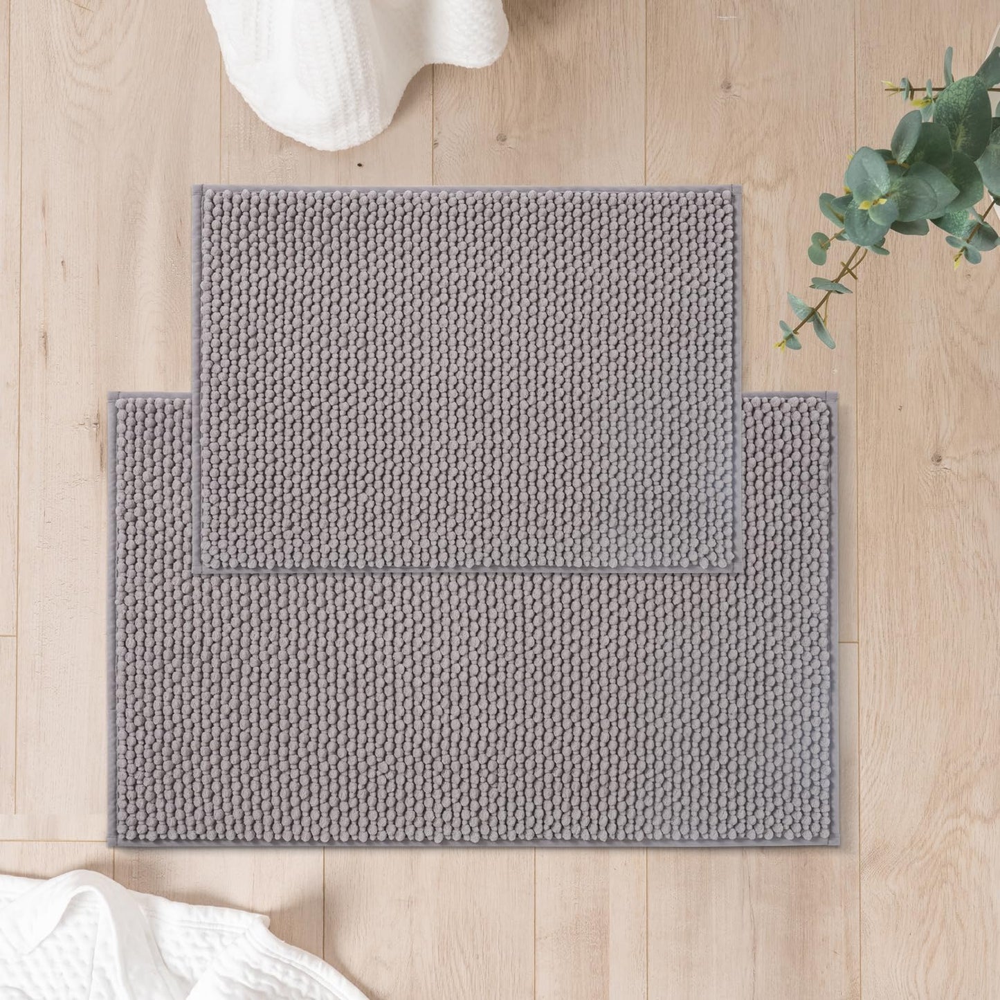 FRESHMINT Chenille Bathroom Rugs Sets 2 Piece 17"x24"+20"x32", Non-Slip Bath Mats, Absorbent Bath Rug, Washable Set of 2 Shower Floor Mat, Gray BST220
