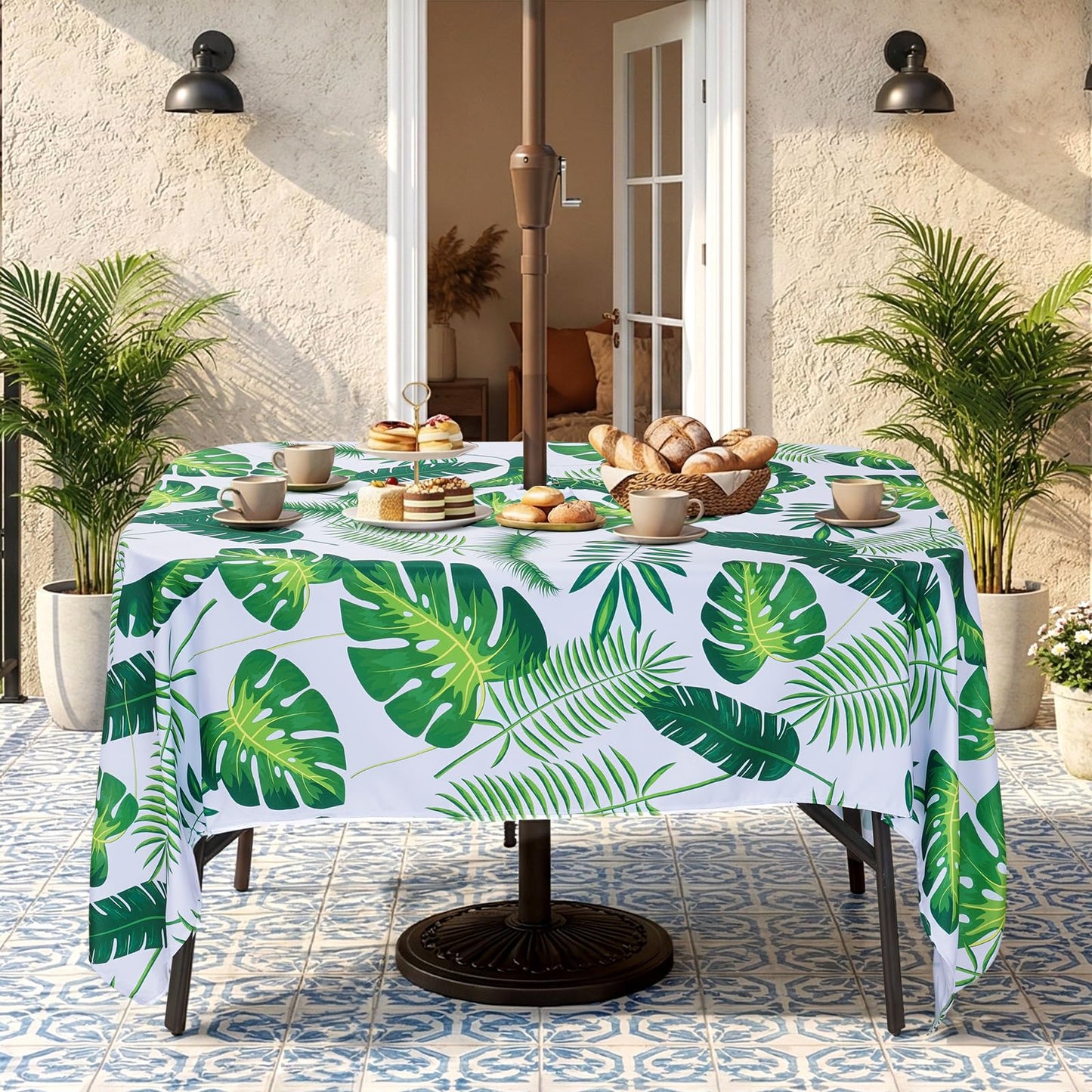 Eternal Beauty 52” Round Tablecloth Waterproof Outdoor Tablecloth with Umbrella Hole Zipper for Spring Summer Patio Picnic Tables (Tropical Palm Leaf) BST326H