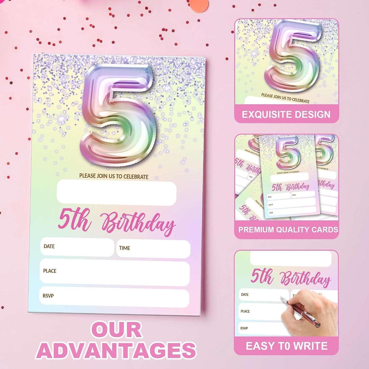 5th Birthday Invitations For Girl,Purple Glitter Birthday Invites, 20 Fill-in Rainbow Balloons Invitation Cards With Envelopes, Fifth Party Decorations 4x6 Inch-D05 WN420