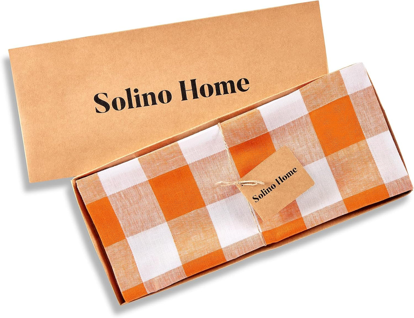 Solino Home 100% Linen Table Runner, 14 x 36 in, Pumpkin and White Check | Buffalo Check Table Runners for dining, hallway and console tables; buffalo checkered weave; Pure Linen; OEKO-TEX Certified BST326SOLH