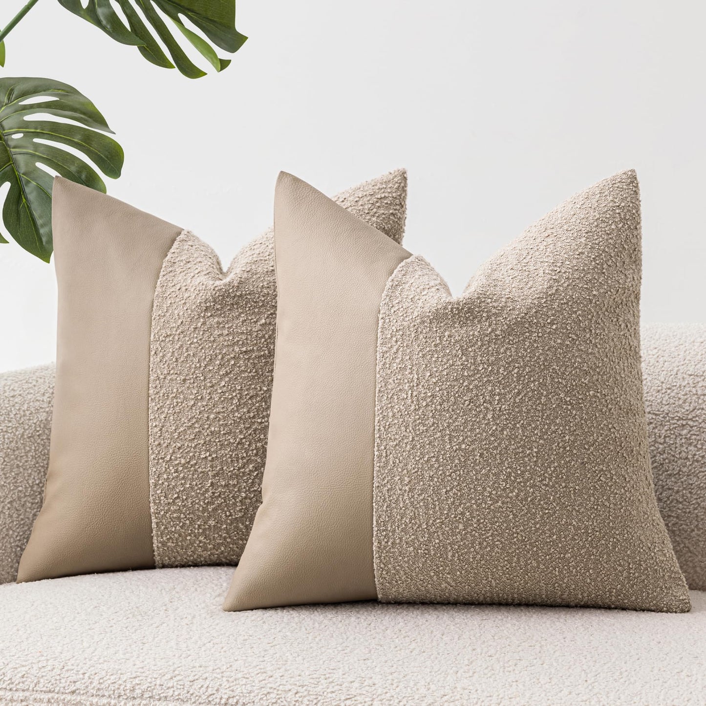Set of 2 Fluffy Boucle Pillow Covers 18"x18", Oatmeal Textured Throw Pillow Covers with Faux Leather Accents, Boho Decorative Pillow Cases for Couch, Bed, or Farmhouse Home Decor BST220