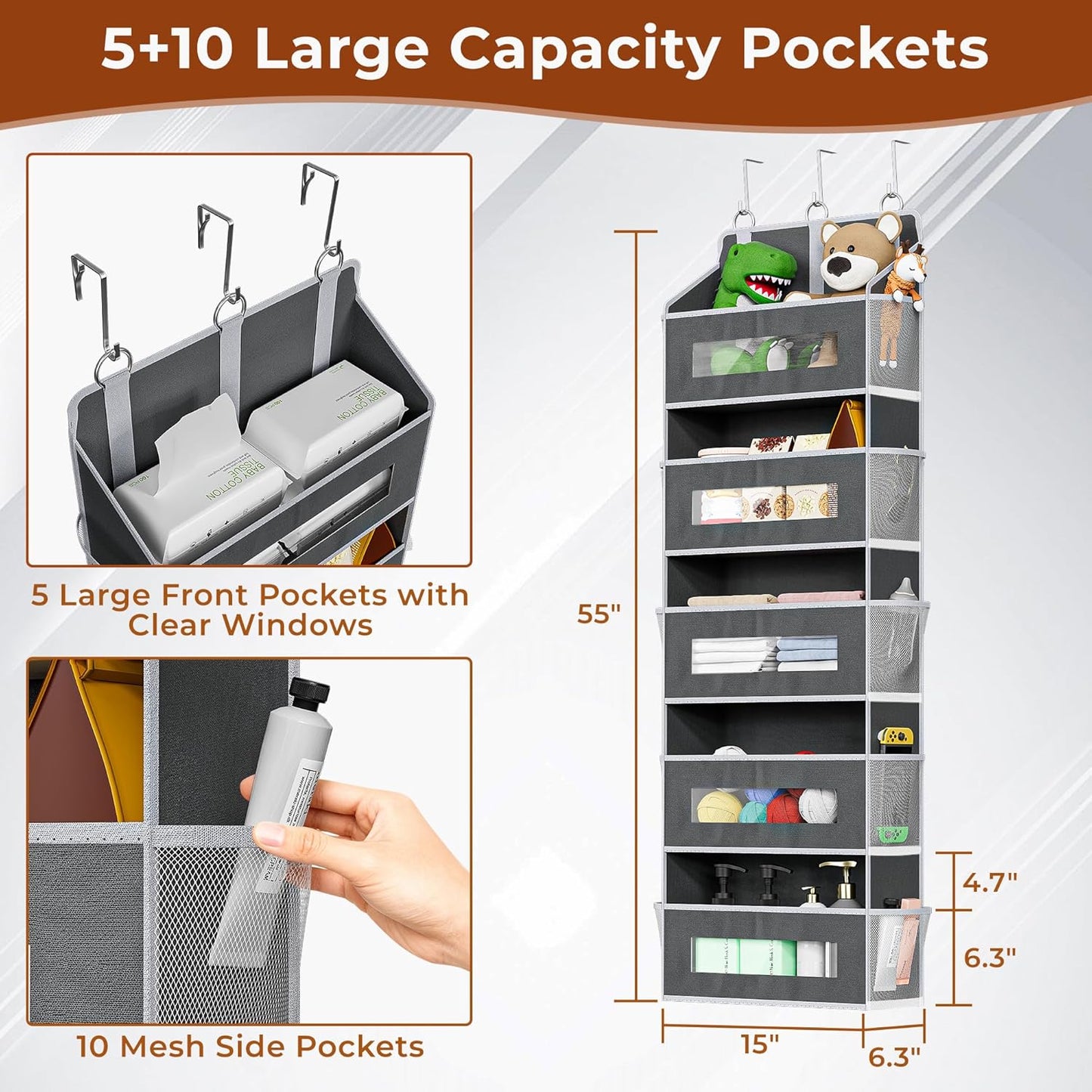 5 Tier Over The Door Organizer - Large Capacity Behind Door Hanging Shelves with 10 Mesh Pockets and Clear Windows, Closet Organizers and Storage for Bathroom, Bedroom, Nursery, Grey BST326H