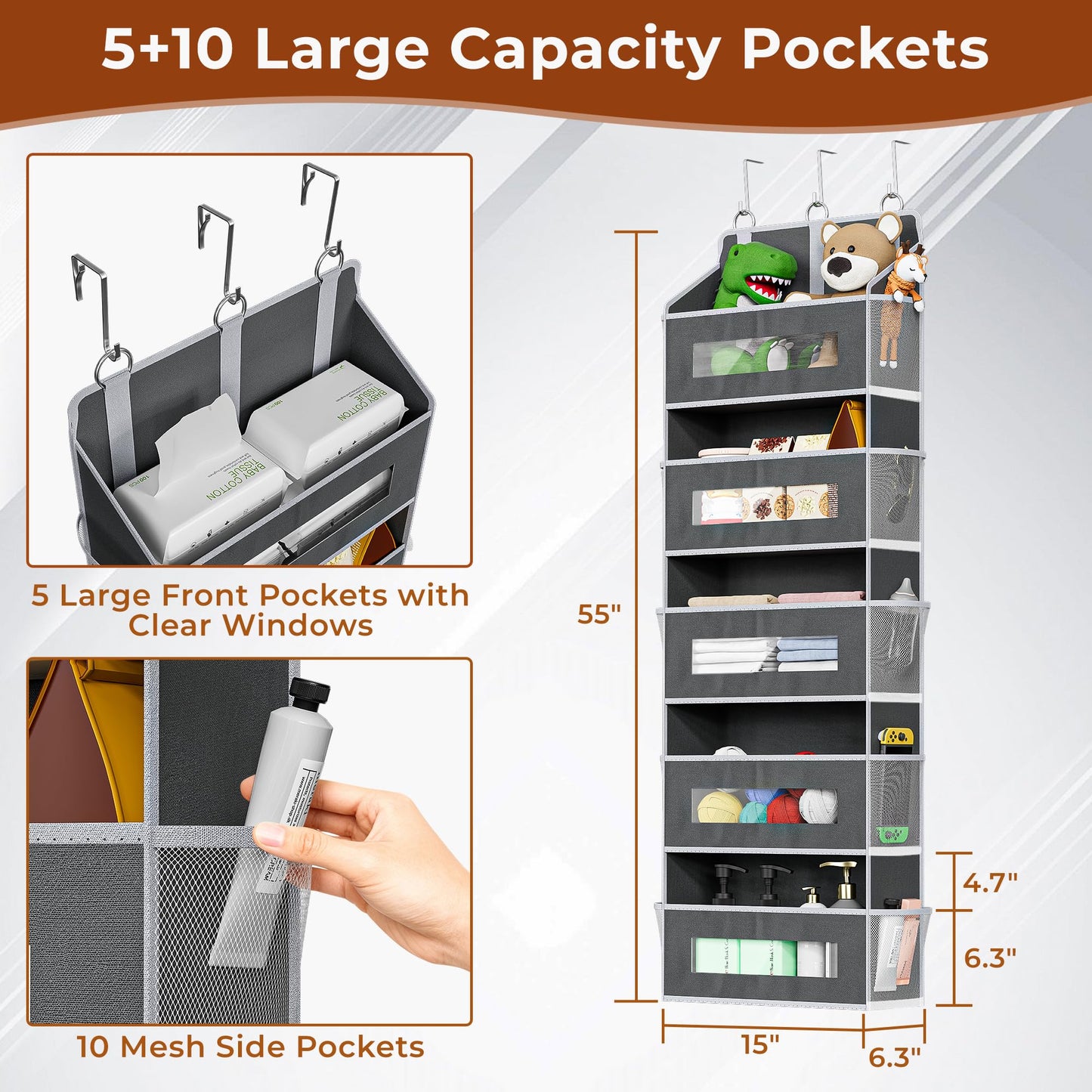 5 Tier Over The Door Organizer - Large Capacity Behind Door Hanging Shelves with 10 Mesh Pockets and Clear Windows, Closet Organizers and Storage for Bathroom, Bedroom, Nursery, Grey BST326H