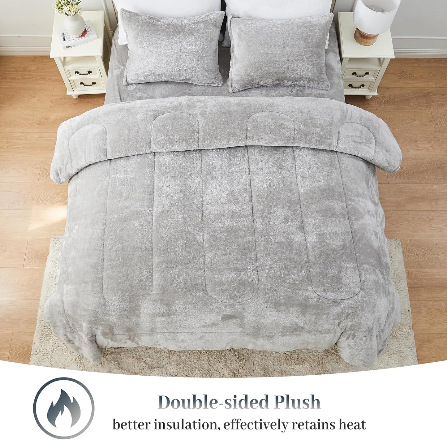 YIYEA Fluffy Queen Size Comforter Set, Luxury Faux Fur Comforter, Ultra Soft Plush Fuzzy Velvet Bedding Comforter Sets for Fall Winter, Cozy Warmth, No Shedding, 3PC, Queen, Light Grey BST326H