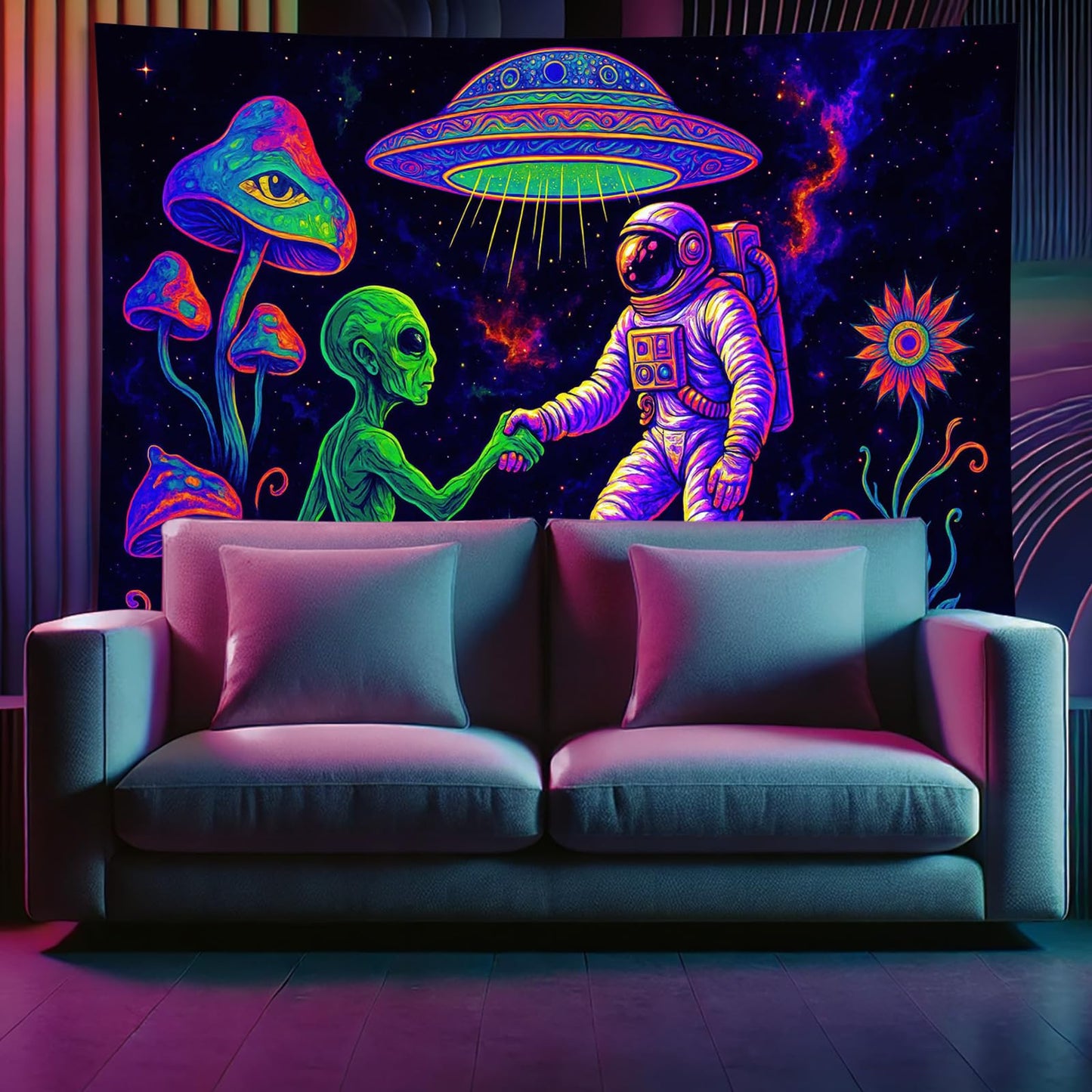 Starlit Patio Astronaut Blacklight Tapestry Trippy Forest Moon Vortex UV Reactive Galaxy Wall Hanging Psychedelic Space Poster Fluorescent Sci Fi Room Decor for Bedroom Dorm Gaming Lounge 78 x 59 Inch BST220