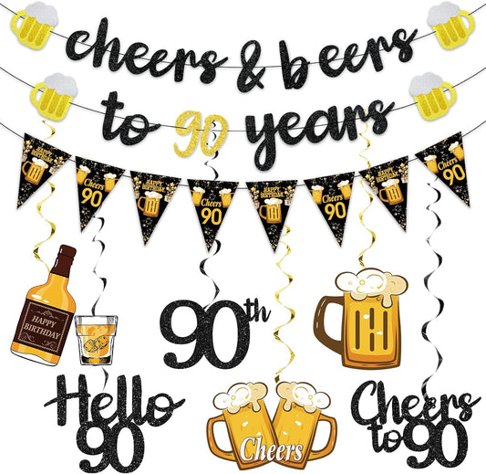 Black Gold 90th Birthday Decorations for Men Women, Glitter Pre-Strung Cheers to 90 Years Banner Hello 90 Hanging Swirls Paper Triangle Flag Banner Decorations Bday Party Supplies Kit WN420