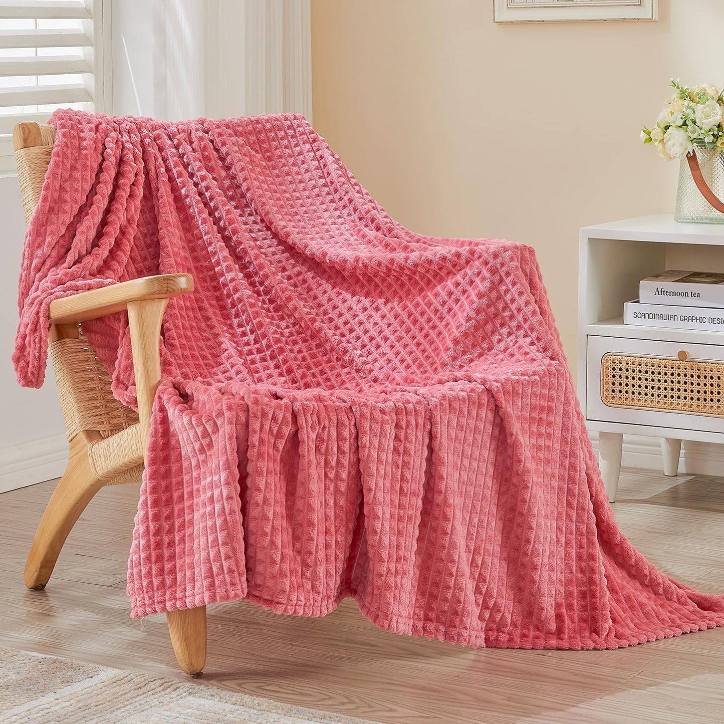 EMME Fleece Blanket, 3D Jacquard Throw Blanket for Couch and Bed, Soft Cozy and Fluffy Blankets Lightweight Luxury Flannel with Waffle Design (Navy Blue, 50" x 60") BST202