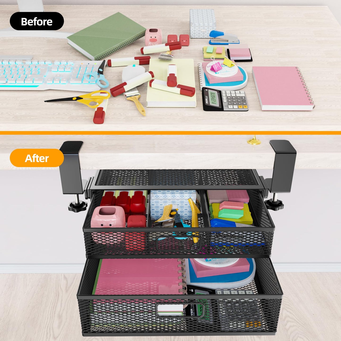 Under Desk Drawer Organizer No Drill Metal Under Desk Storage Drawer Container 2 Slide Out Cabinet Drawer Suitable for Home And Office (Medium)
