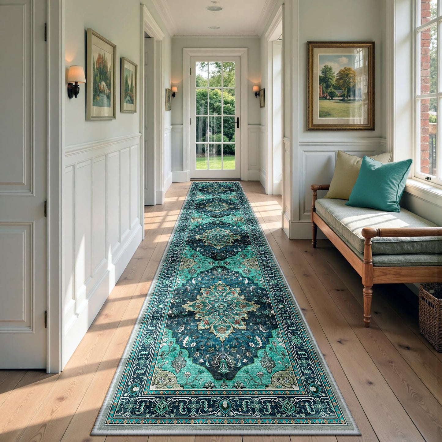 RELEANY Area Rugs Runner 2'x6' Washable Non-Slip, Floral Vintage Distress Medallion Carpet for Kitchen Hallway Bedroom Beside Laundry Room Bathroom, Teal Green Lake Blue Turquoise DD1210
