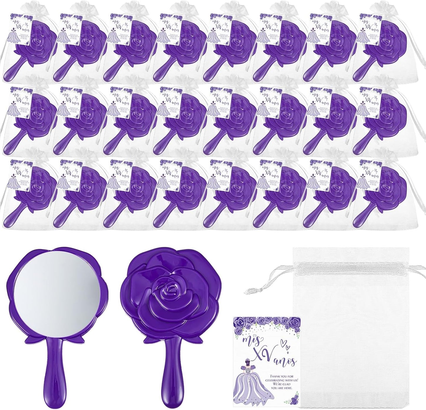 Sintuff 24 Set Rose Compact Mirrors Bulk Quinceanera Wedding Party Favors for Guests Rose Design Compact Mirrors Thank You Cards with White Organza Bags for 15 Birthday Wedding Party Favors(Purple) BST202