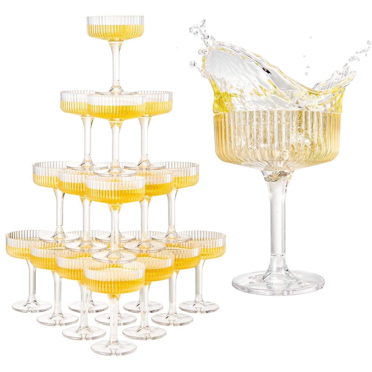 Khen Pink Peach Acrylic Ribbed Coupe Martini Champagne Cocktail Glasses, Set of 4, 8 oz Shatterproof Ripple Stemware European Style Reusable Drinkware Goblets, Indoor Outdoor Parties Weddings Bar Gift BST220