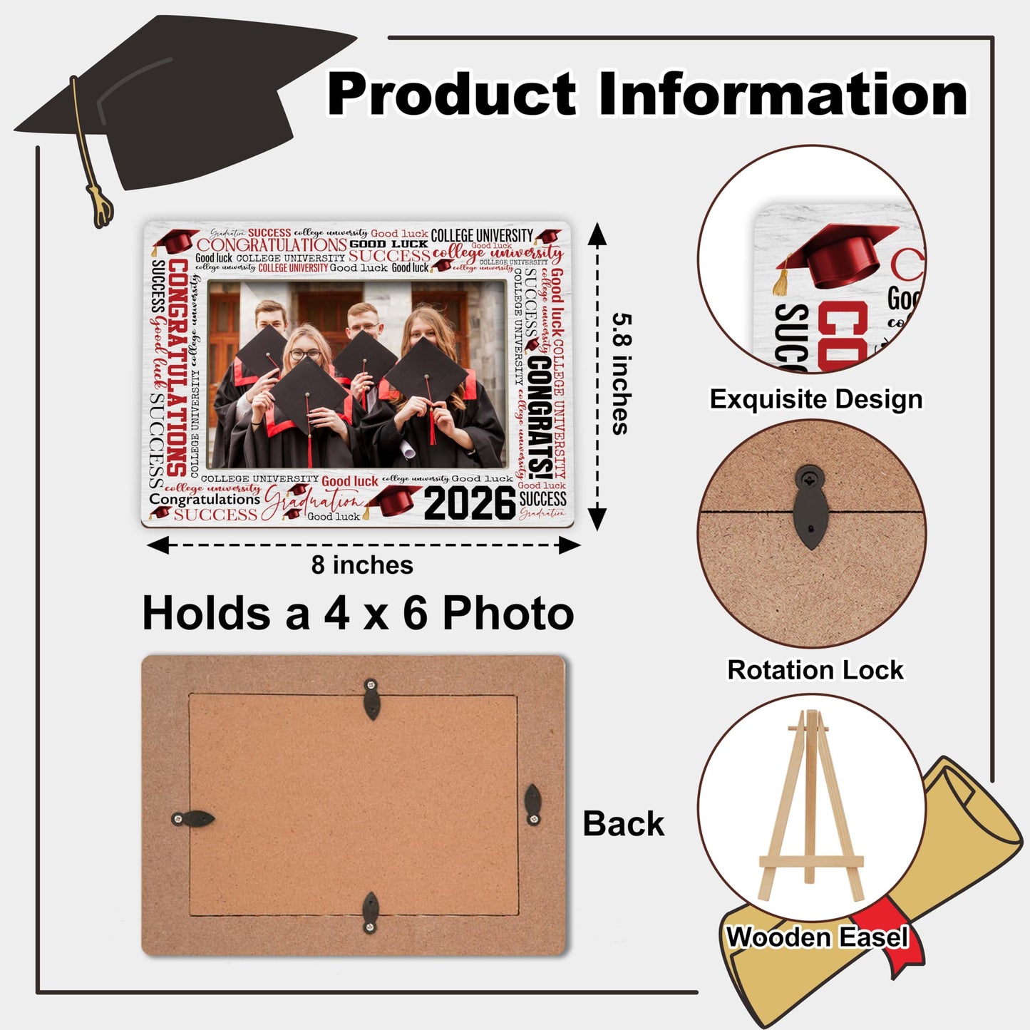 Graduation Picture Frame, 2026 Graduation Frames with Easel, 4x6 Photo Insert for Party Tabletop Display, Congrats Grad Gifts for Her Him High School College - B04 BST220