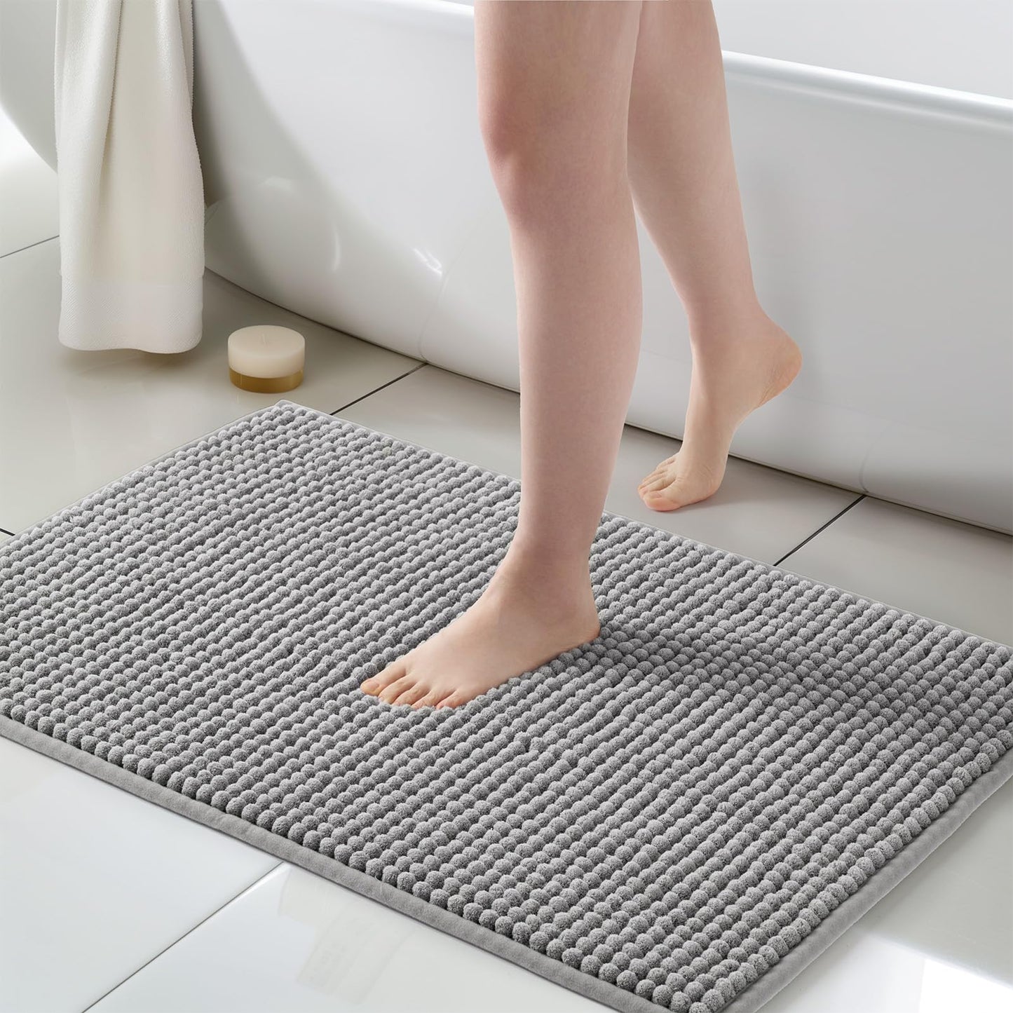 FRESHMINT Thick Chunky Chenille Bathroom Rug, Black, 20"x32" | Non-Slip Backing, Water Absorbent Surface, Machine Washable Care, Cushioned Comfort, Bathroom Floor Use BST220