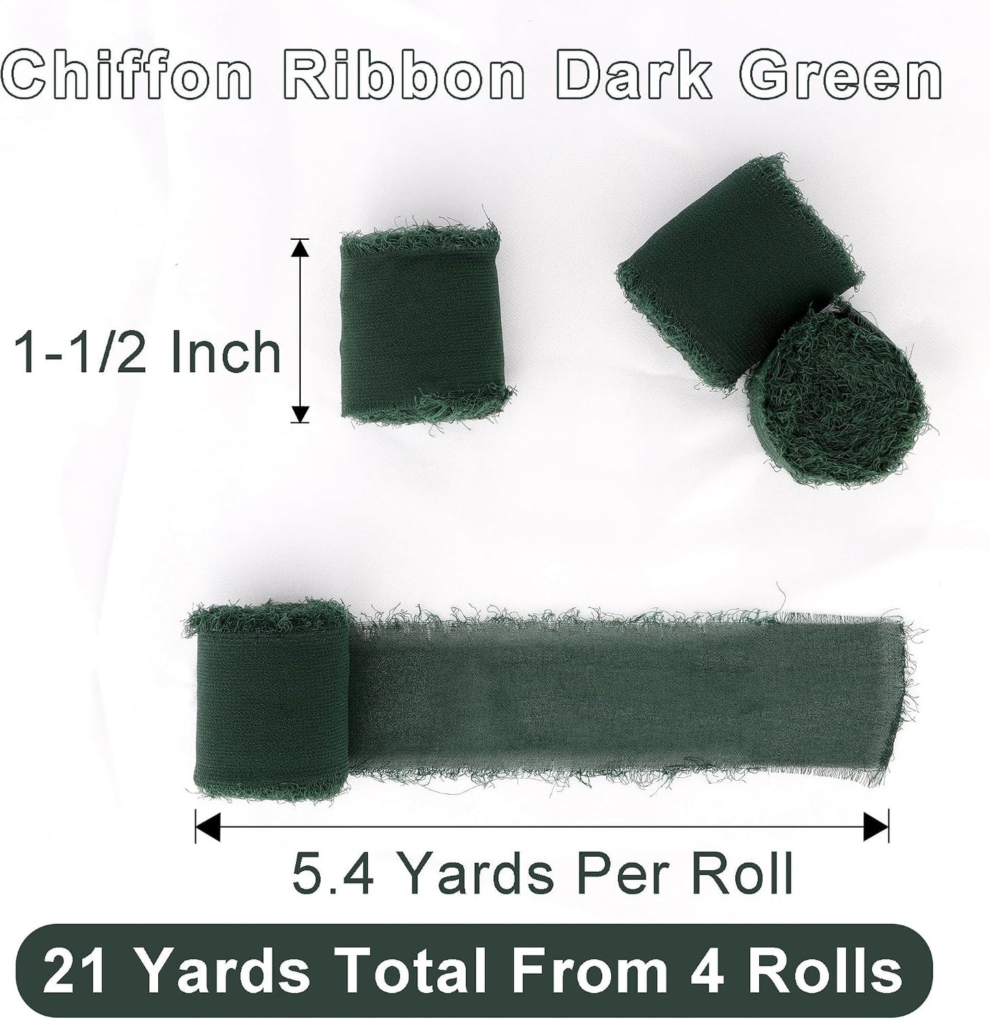 Dark Green 4 Rolls Silk Ribbon - 1.5 Inch Wide, 21 Yards Long, Frayed Edge, Handmade Fringe, Chiffon Ribbon for Crafts, Weddings & Home Decor WN420