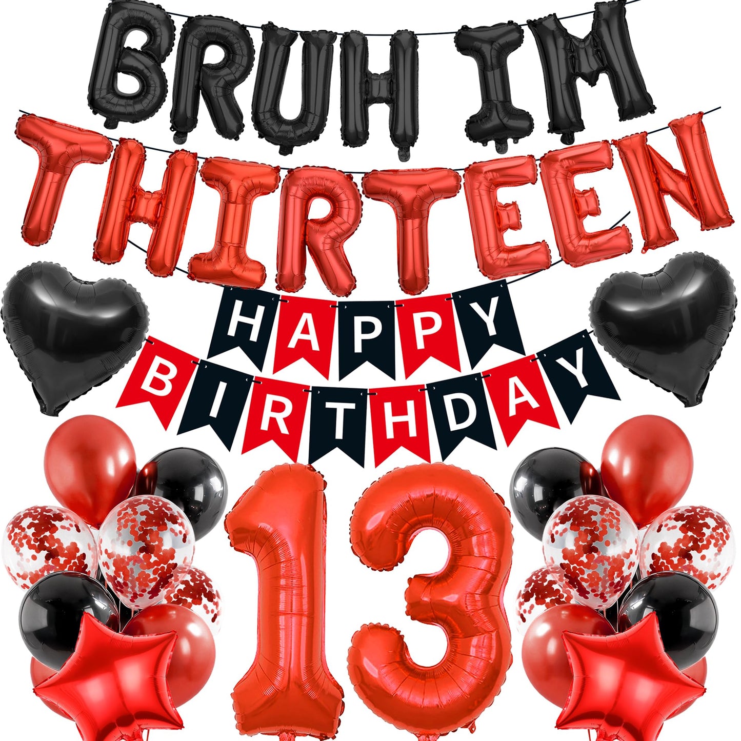 9th Birthday Decorations Boys Kit - 27 Pcs Red and Black Bruh Im Nine Balloon Banners Happy Birthday Fishtail Flags Number 9 Balloon Star Heart Balloons Set for 9 Year Old Party Decoration Supplies BST202