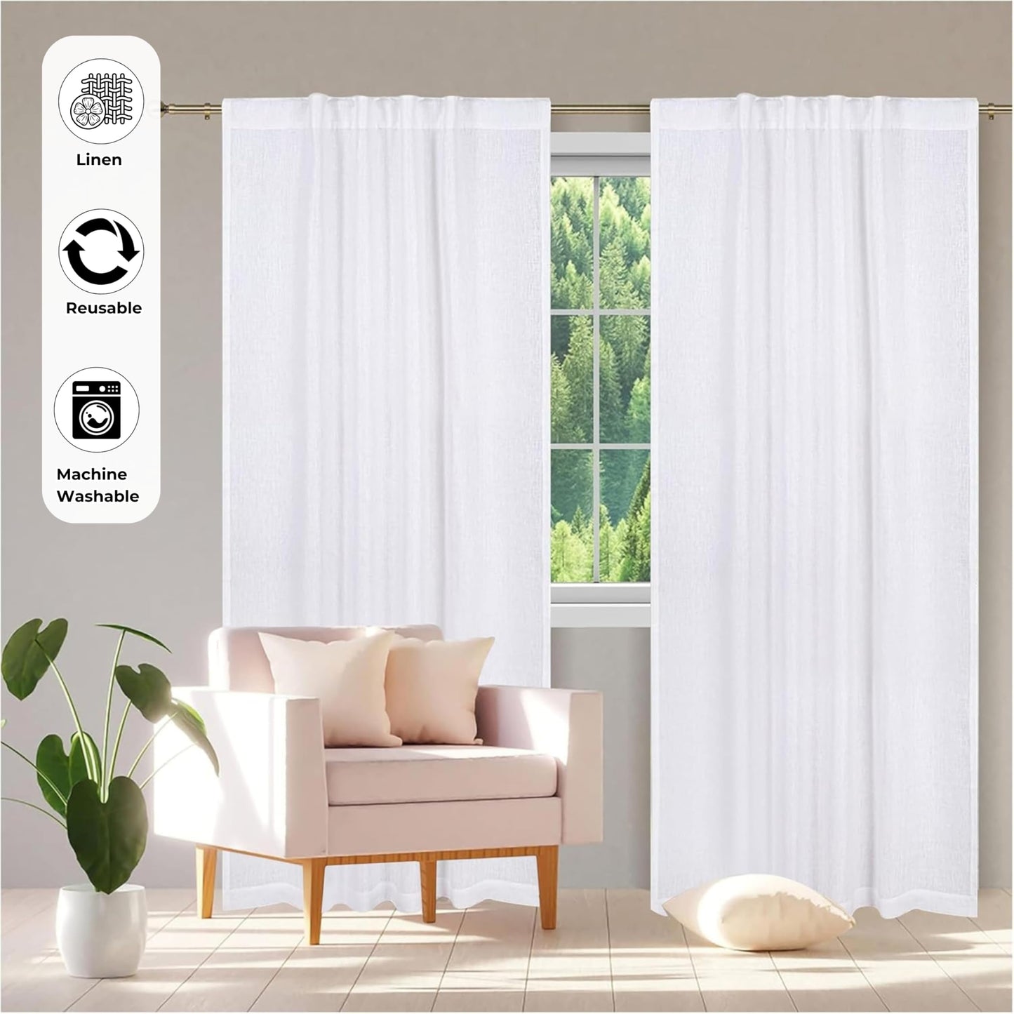 Bedding Craft Curtains 63 Inch Length - White Poly Cotton Slub Drapes with Tab Top, Set of 2, Ideal for Bedroom, Living Room, and Office_ 50x63 inch BST220