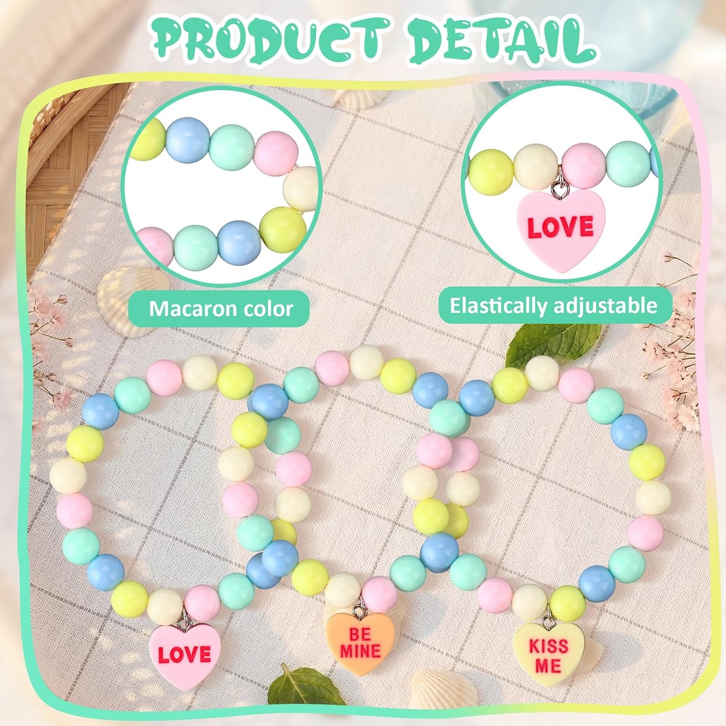 Huquary Happy Birthday Candy Bracelets Bulk Summer Candy Heart Bracelet Gift Plastic Beads Jewelry Love Heart Charm for Birthday Gift Exchange Party Favors BST326L