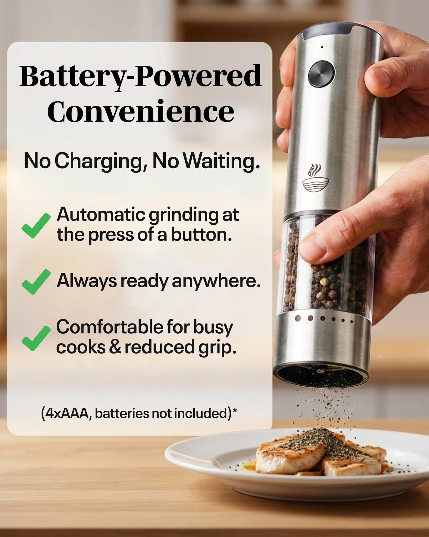 Electric Salt and Pepper Grinder Set - Black 2 Pack Battery Operated Mills with 95ml Large Capacity, Adjustable Coarseness, Built-in LED Light, Automatic Salt & Pepper Shakers for Kitchen BST220