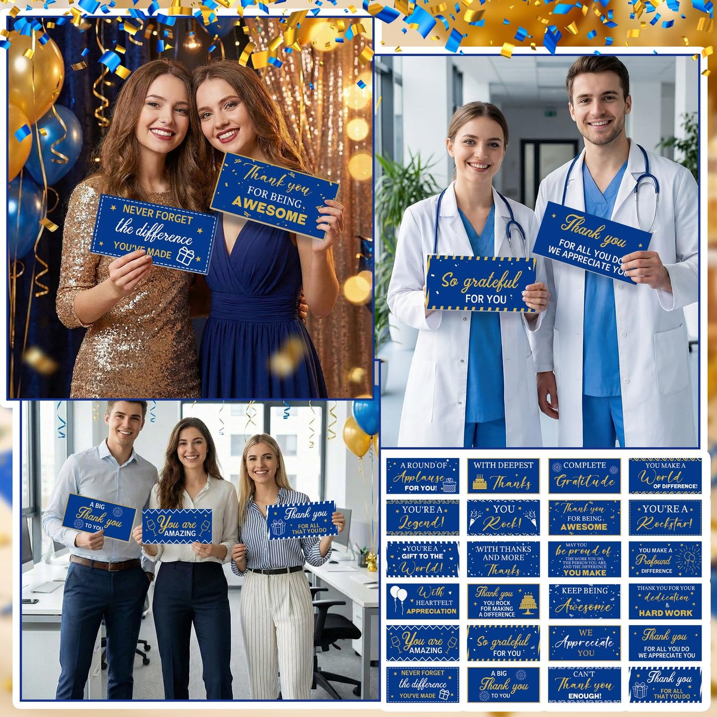 Tinlade 24 Designs Employee Appreciation Decorations Photo Booth Props We Appreciate You Blue Gold Thank You Party Decor Prop PVC Double Sided Selfie Signs for Staff Volunteer Retirement Teacher Nurse BST326H