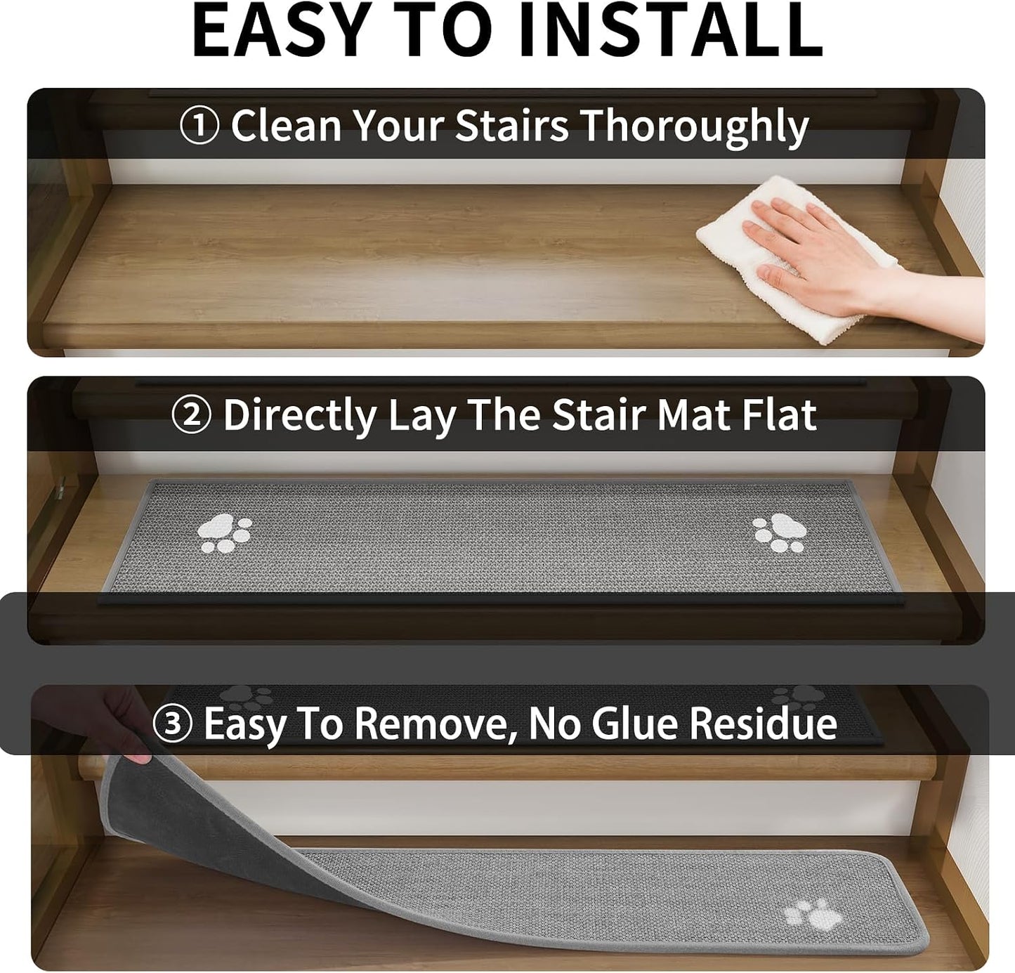 YDKGL Stair Treads Non Slip Indoor 4PCS, Rubber Backing Stair Runner Rugs for Wooden Steps, Residue Free Stair Carpet Treads for Kids Elders and Pets, Machine Washable Stair Mats, Gray, 8" x 30" WN420