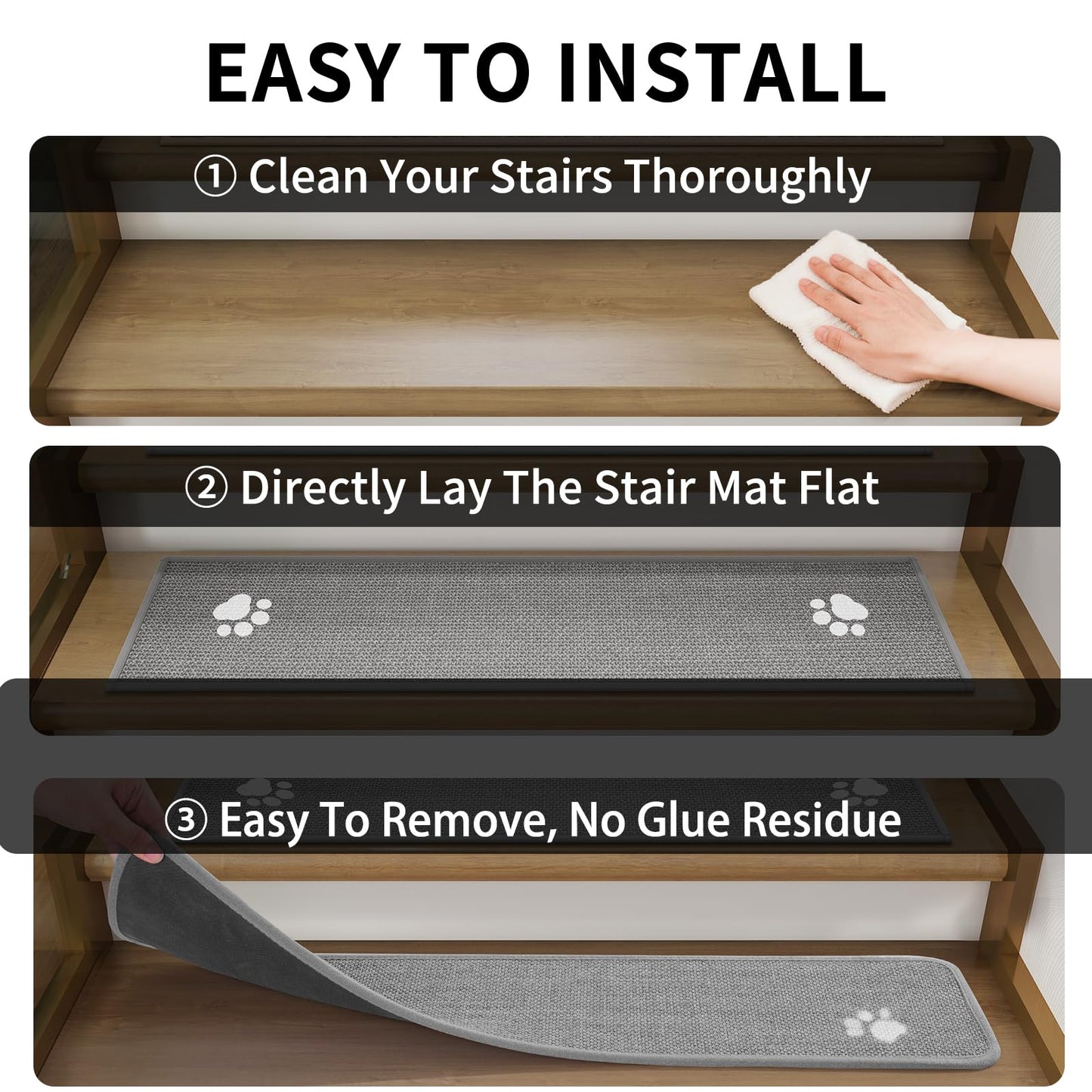 YDKGL Stair Treads Non Slip Indoor 4PCS, Rubber Backing Stair Runner Rugs for Wooden Steps, Residue Free Stair Carpet Treads for Kids Elders and Pets, Machine Washable Stair Mats, Gray, 8" x 30" WN420