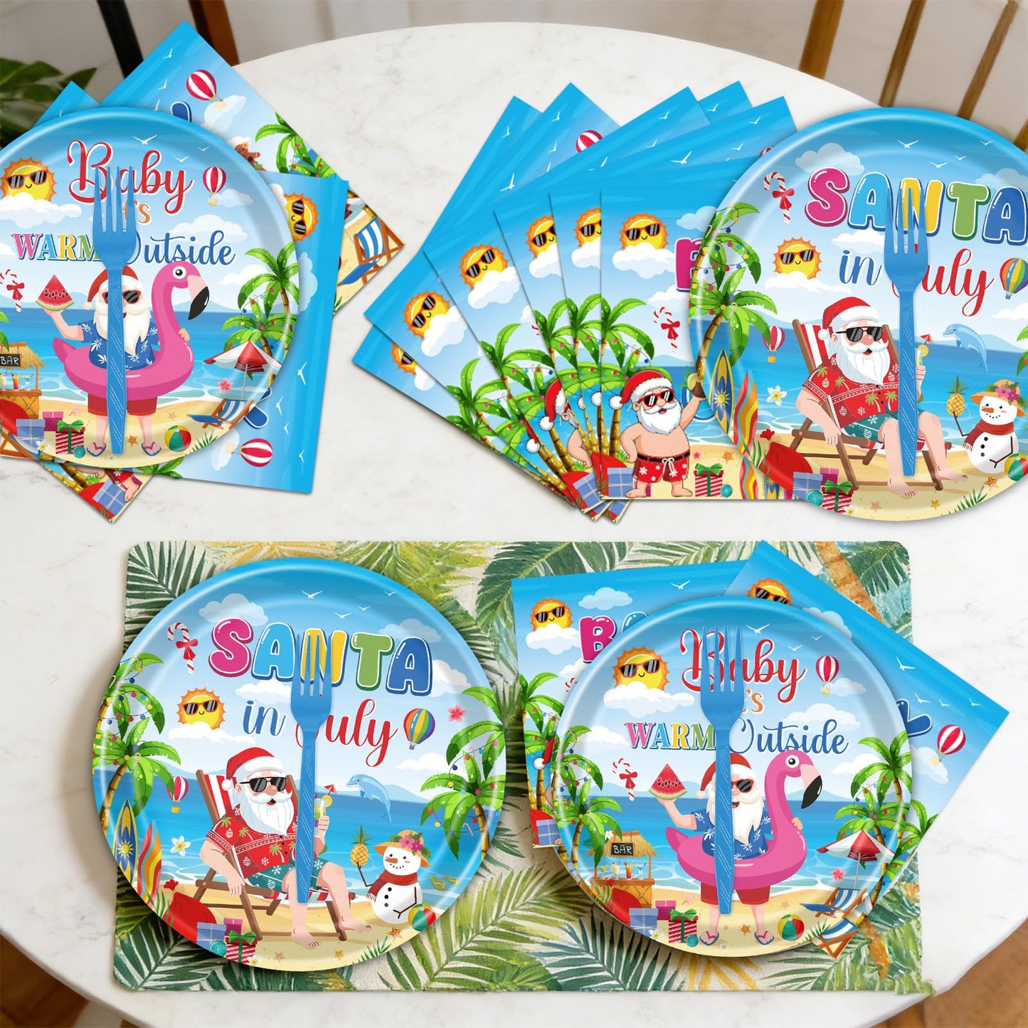 Gameza July Christmas Party Decorations Tableware, 96PCS There's Some Hohoho's in July Disposable Paper Plates and Napkins Decoration, Summer Xmas Beach Forks Decor Supplies Serves 24 BST220