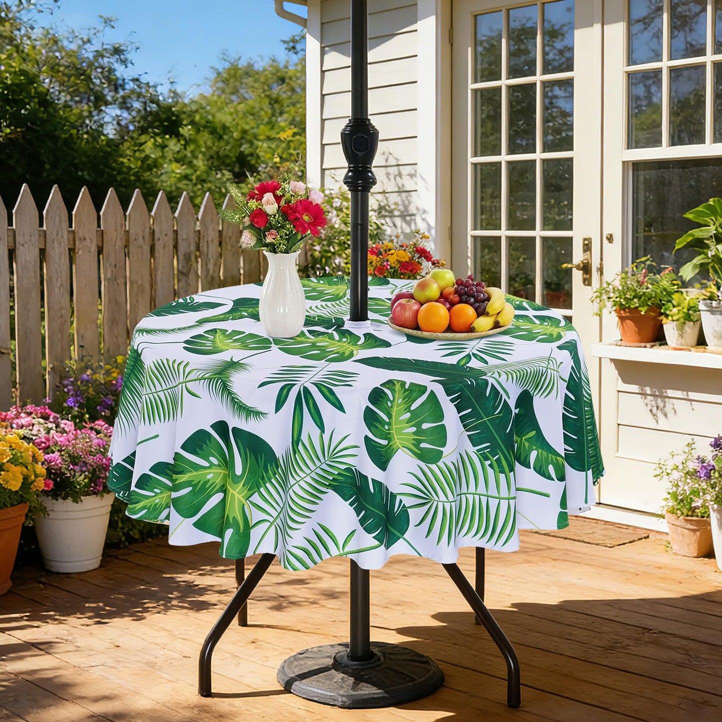 Eternal Beauty 52” Round Tablecloth Waterproof Outdoor Tablecloth with Umbrella Hole Zipper for Spring Summer Patio Picnic Tables (Tropical Palm Leaf) BST326H