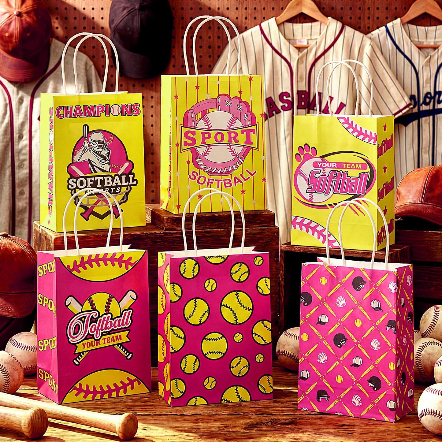 MotiMind 24 Pcs Softball Party Favor Bags Black Yellow Softball Themed Goodie Gift Wrapping Paper Bags with Handles Portable Sports Ball Candy Treat Pouch for Birthday Party Decorations Supplies BST326H