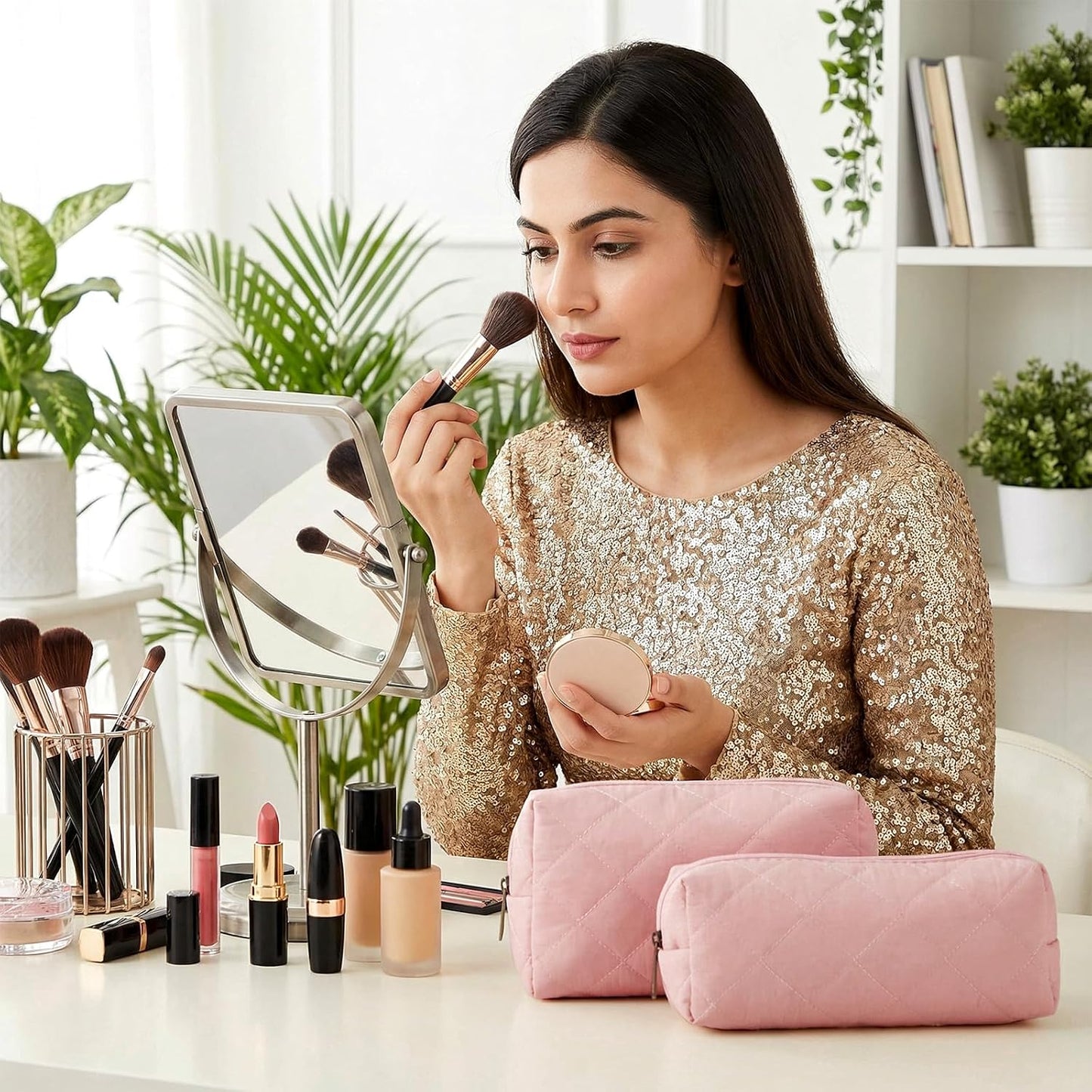 2 Pcs Puffy Makeup Bag Quilted Cosmetic Pouch for Women Cute Puffer Makeup Organizer Compact Toiletry Bags Preppy Pencil Case with Zipper Winter Gift for Women Girlfriend(Pink) WN420