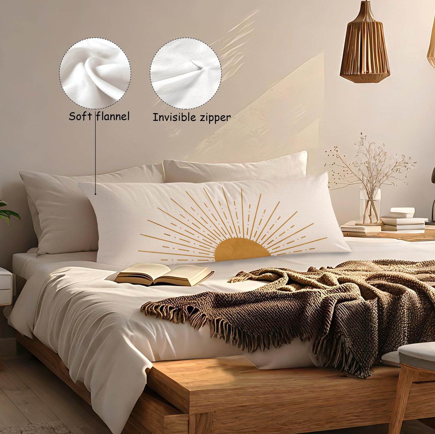 Boho Sun Sunshine 21x54 Body Pillow Cover Case, Modern Neutral Boho Horizontal Sun Sunset Sunrise Decorative Long Hug Pillow Cases for Bed Couch BST220