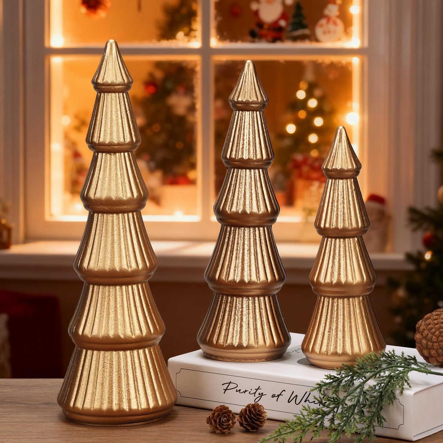 Wooden Christmas Tree Figurine, 3 Pcs Tabletop Xmas Tree, Christmas Centerpiece Decor for Home Entryway Mantel Shelf Table Fireplace Holiday (White-Wood) BST326H