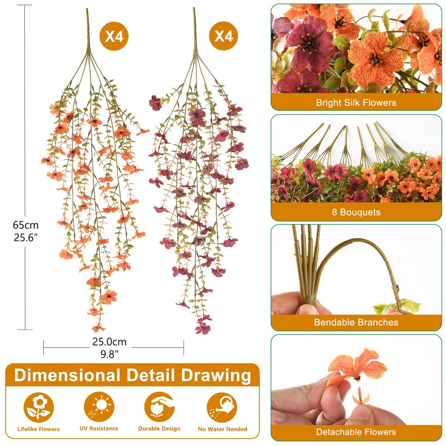 Artificial Hanging Flowers for Outdoor, 2PCS Fake Flowers Faux Silk Daisy with Eucalyptus Leaves, UV Resistant Aritificial Flowers for Spring Home Patio Yard Porch Decor (Light Purple Red) BST202