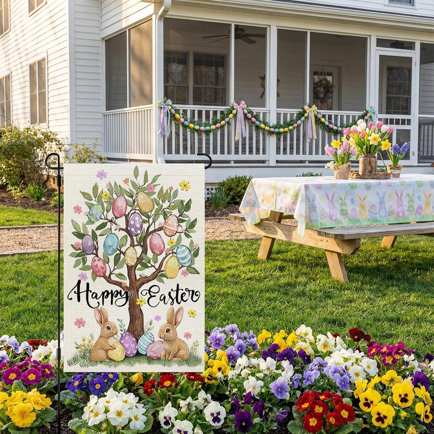 CROWNED BEAUTY Easter Garden Flag Eggs Tree 12x18 Inch Double Sided Bunny Holiday Decoration for Outdoor Lawn Yard WN420