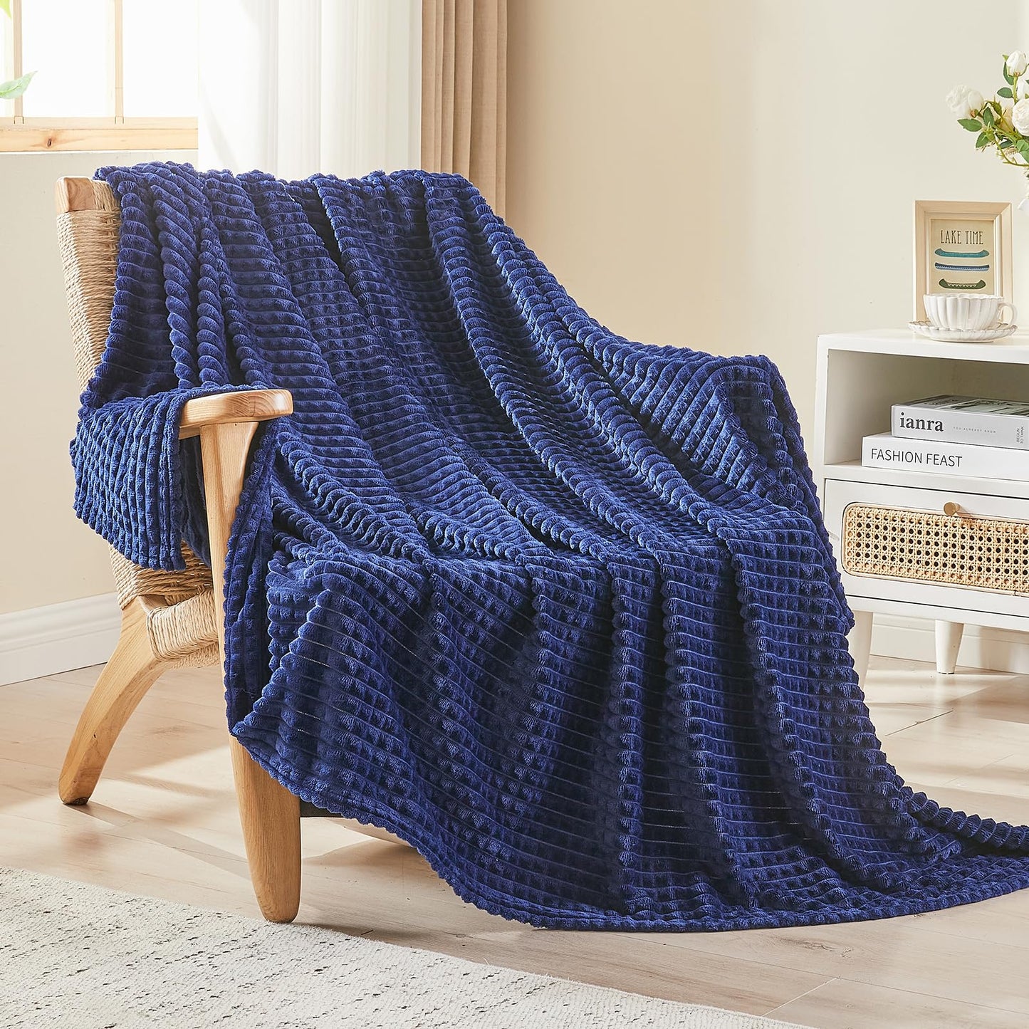 EMME Fleece Blanket, 3D Jacquard Throw Blanket for Couch and Bed, Soft Cozy and Fluffy Blankets Lightweight Luxury Flannel with Waffle Design (Navy Blue, 50" x 60") BST202