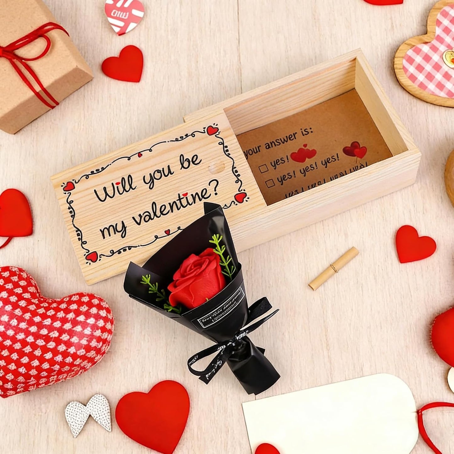 Will You Be My Valentine Card Matchbox Handmade Cute Love Card Wooden Box with Mini Rose Surprise Gift for Valentine's Day, Anniversary for Her, Him, Wife, Husband, Girlfriend, Boyfriend BST202