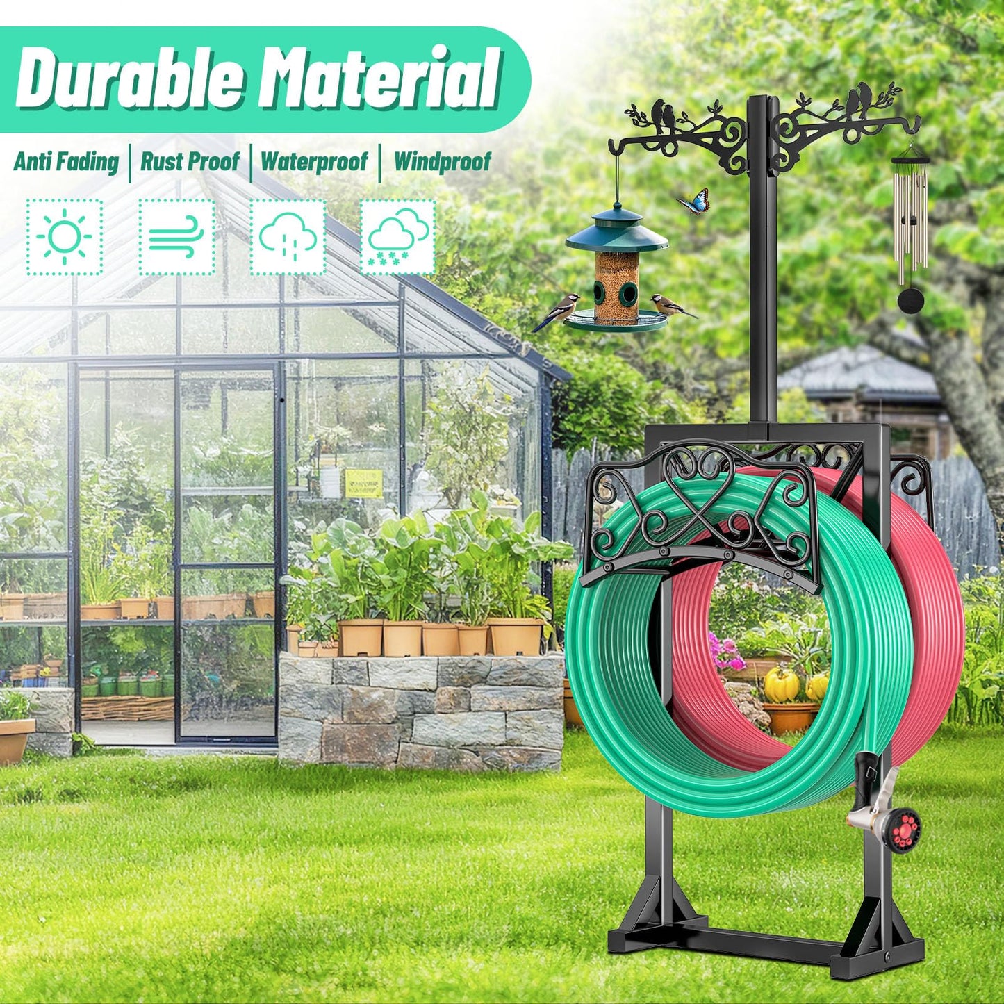 Garden Hose Holder, Freedstanding Heavy Duty Garden Water Hose Holder Stand with 2 Shepherds Hooks, Detachable Metal Hose Storage Hanger Rack for Outside Yard Lawn Farm DD1210