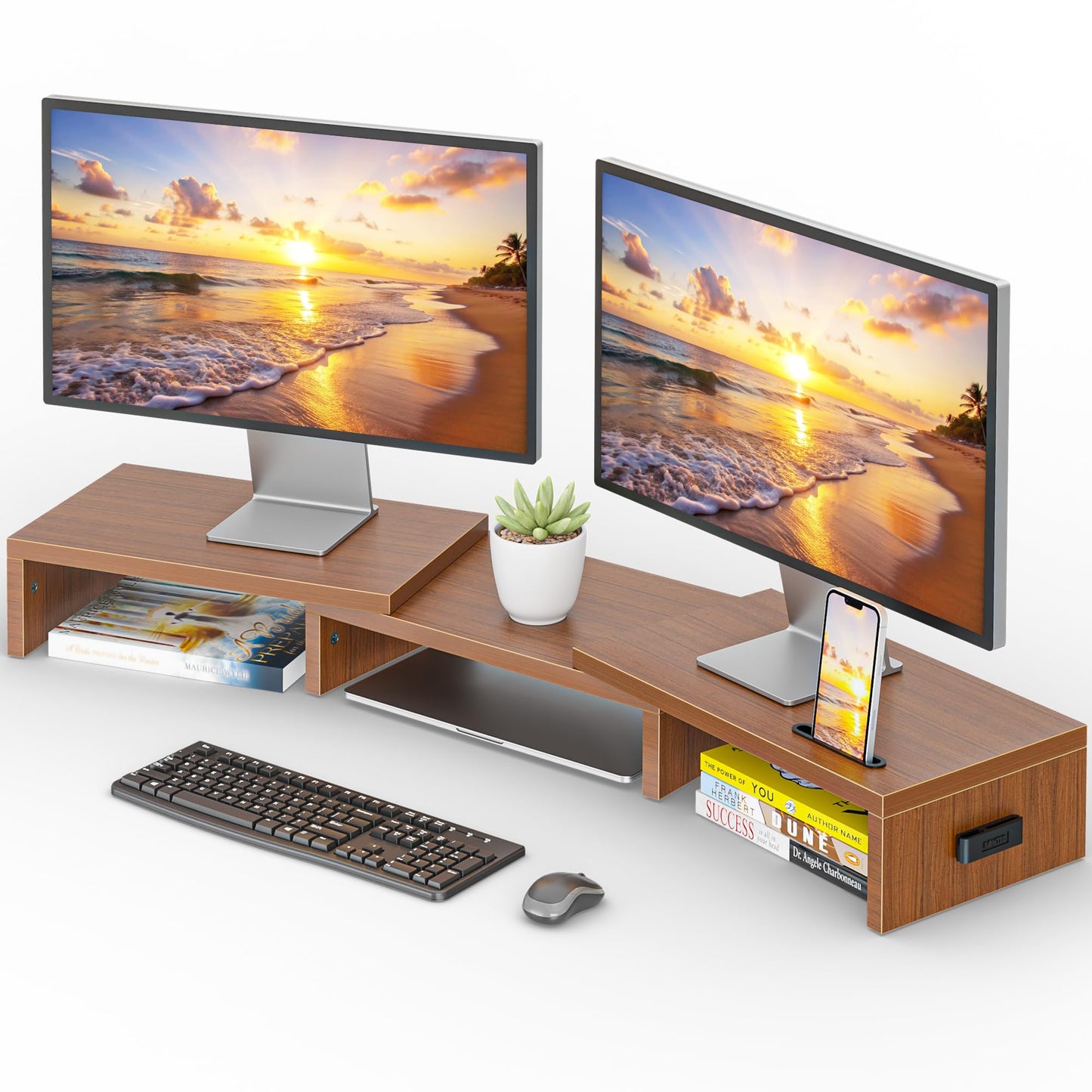 BONTEC Dual Monitor Stand Riser, Adjustable Length & Swivel Angle, Pink | Ergonomic Wooden Desktop Organizer with Smartphone Holder, Computer Monitor Stand for PC, Laptop, Printer and Large Storage BST202