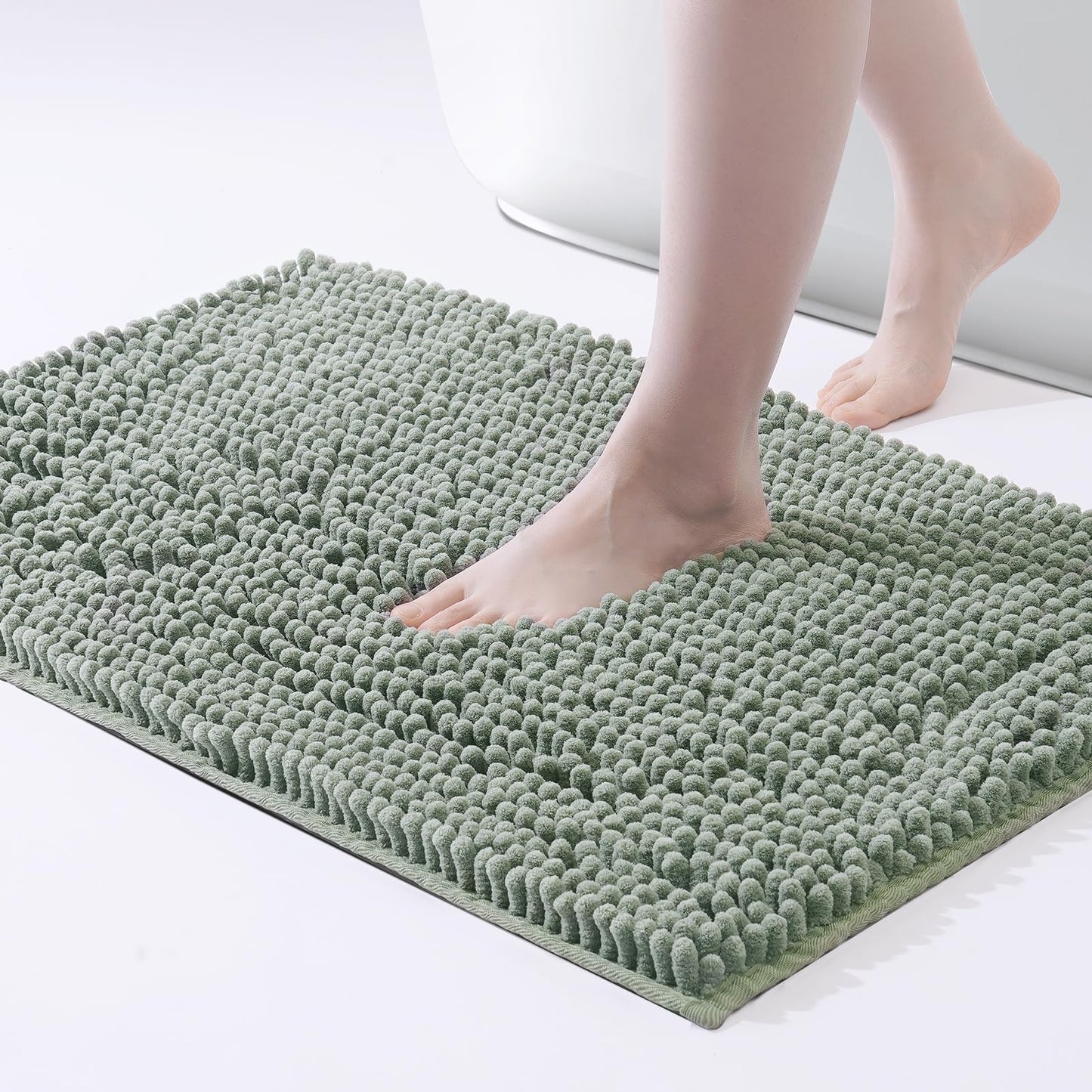 FRESHMINT Chenille Bathroom Rugs Mat 24"x17", Non-Slip Bath Mat for Bathroom Floor & Bathtub, Washable Soft Shower Shag Bath Rugs, Fluffy Thick Water Absorbent Microfiber Shower Mat, Sage Green BST220