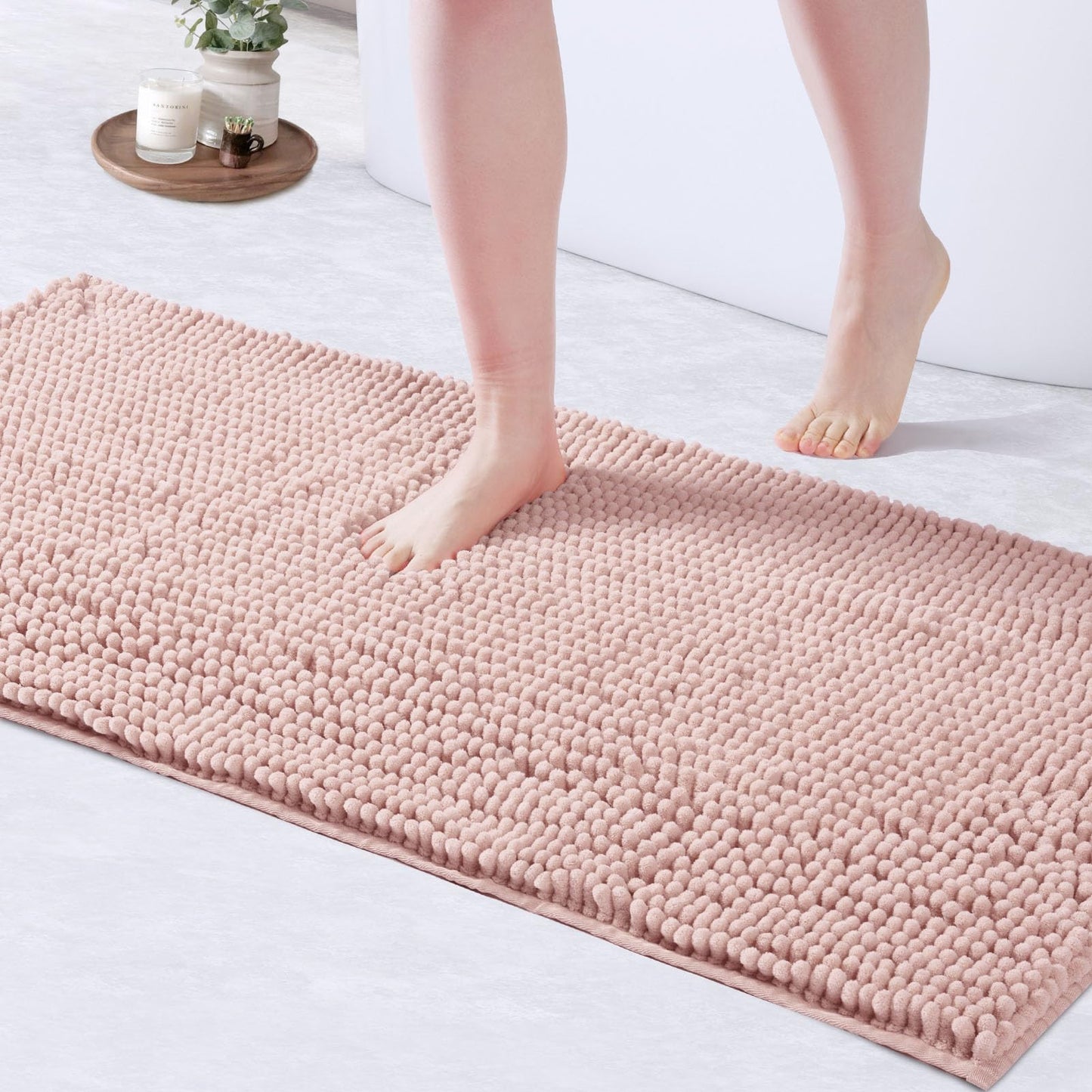 FRESHMINT Chenille Bathroom Rugs Mat 24"x17", Non-Slip Bath Mat for Bathroom Floor & Bathtub, Washable Soft Shower Shag Bath Rugs, Fluffy Thick Water Absorbent Microfiber Shower Mat, Sage Green BST220