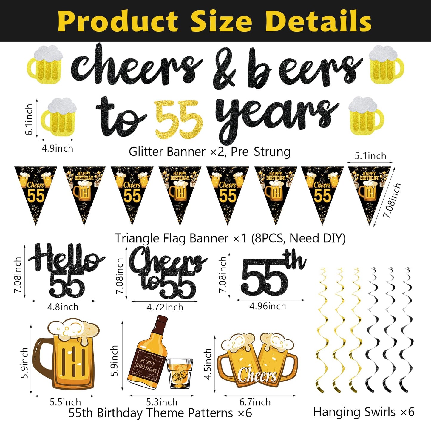 Black Gold 90th Birthday Decorations for Men Women, Glitter Pre-Strung Cheers to 90 Years Banner Hello 90 Hanging Swirls Paper Triangle Flag Banner Decorations Bday Party Supplies Kit WN420