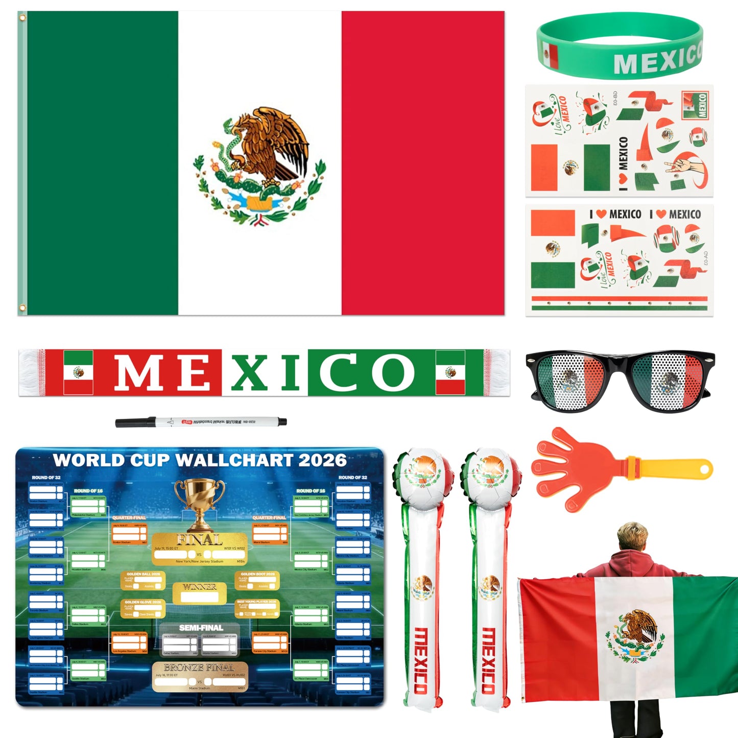 World Cup 2026 Fan Accessories with Large 3x5 ft Flag, Match Tracker Poster, Stickers, Cheering Sticks, Clapper & Scarf, World Cup Decorations Fan kit for Soccer Watch Party, Stadium and Home Cheering BST202
