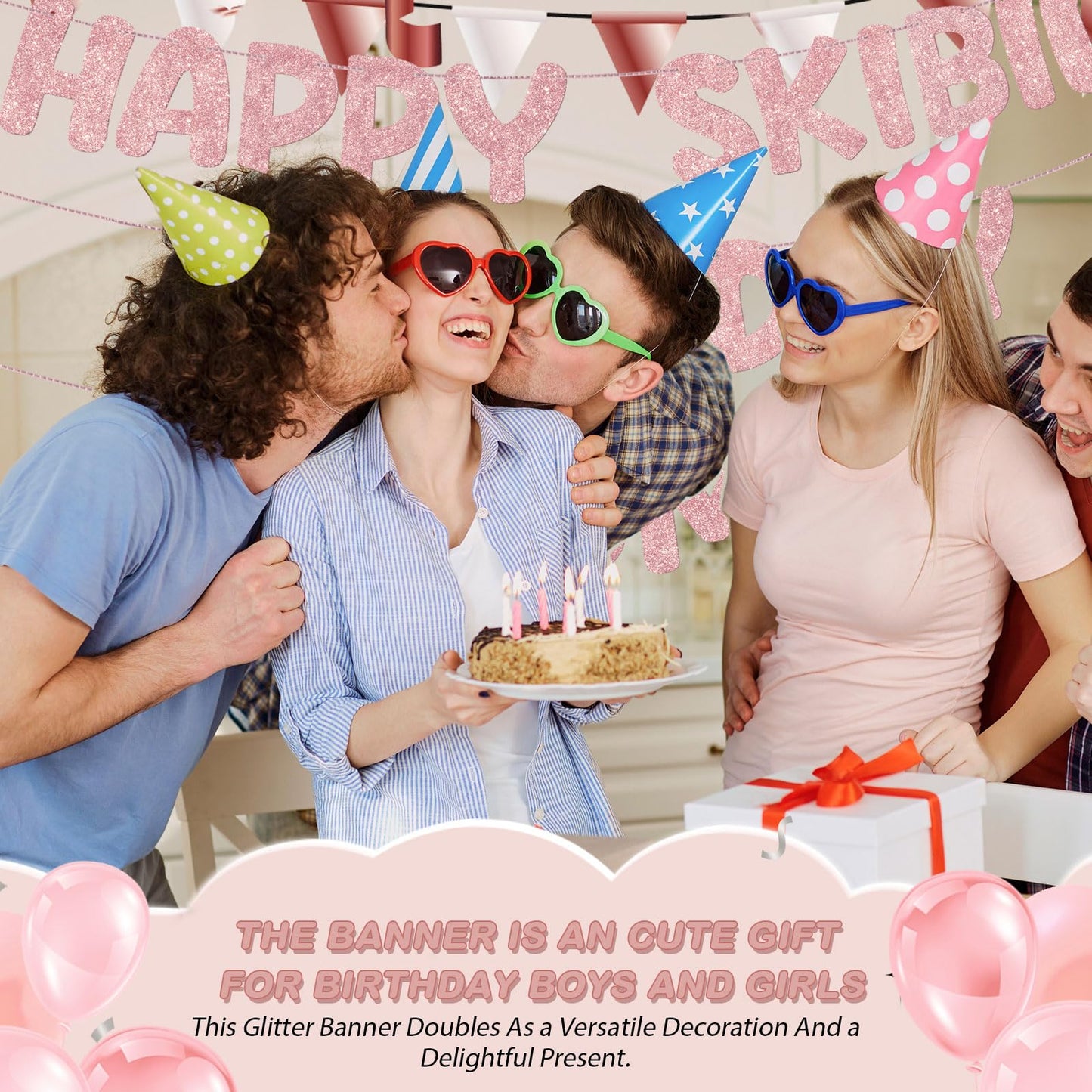 Fulmoon Pre Strung Happy Skibidi Birthday Sigma Banner Glitter Funny Zoomer Gen Z Slang Birthday Party Supplies Gen Z Slag Party Decorations Sign Gift(Champagne Gold) WN420