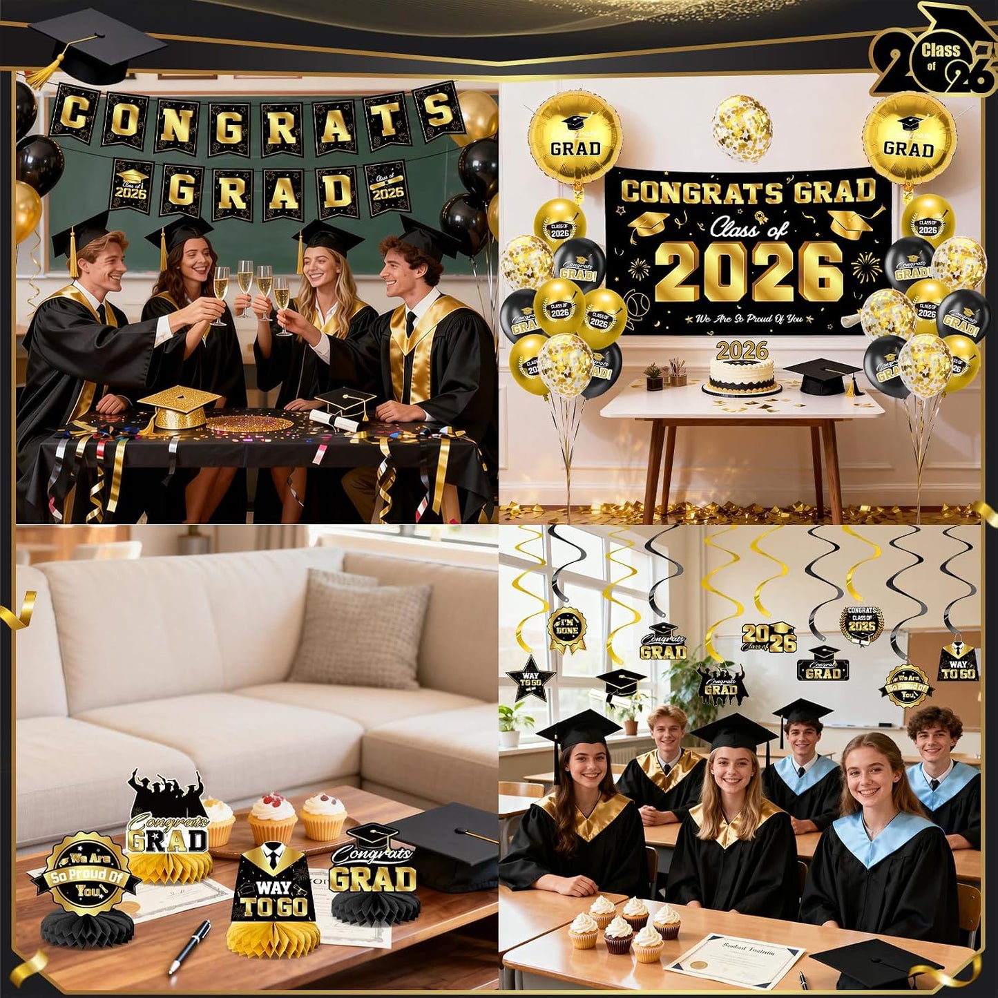 Graduation Decorations 2026-Black and Gold Graduation Party Decorations Supplies Class of 2026 with Graduation Banner, Backdrop, Balloons, Centerpieces, Hanging Swirl for Grad Party BST326H