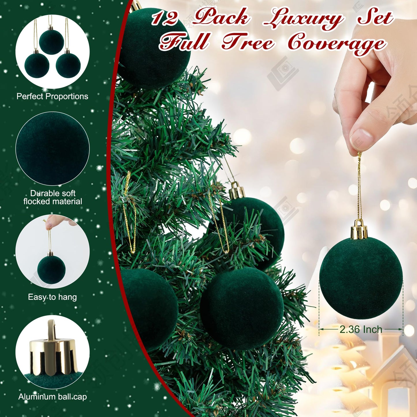 12 PCS Velvet Ornaments for Christmas Tree Decorations, Elegant Velvet Christmas Ornaments Balls, Shatterproof Xmas Decorative Hanging Ornaments(Brown, Green, Light Khaki,2.36 Inch) BST202