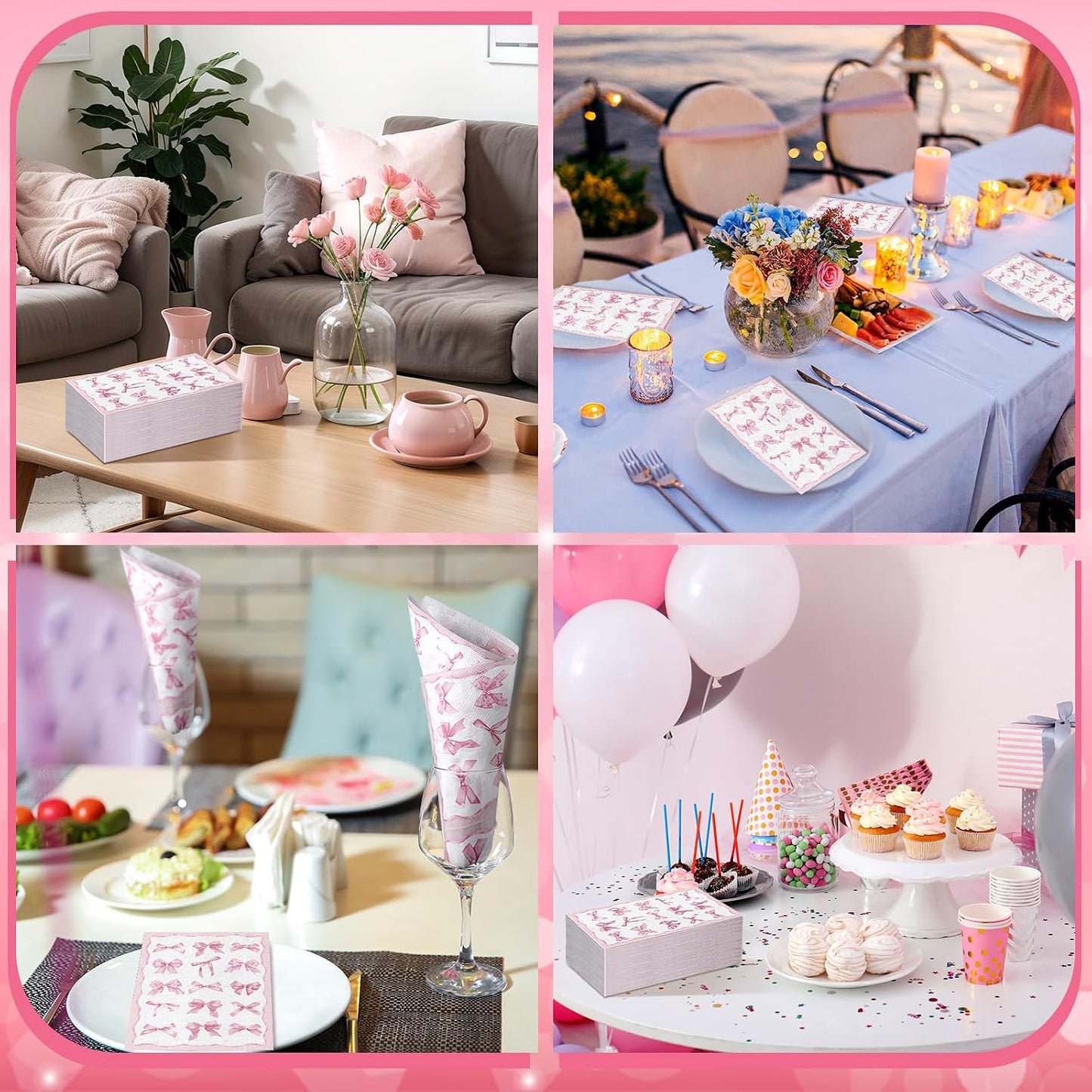 200 Pcs Pink Bow Napkins 3 Ply Coquette Bow Disposable Napkins Valentine's Day Paper Hand Towels Party Gifts Bulk for Bridal Shower Bachelorette Tea Party Birthday Decor(Classic Style) BST202