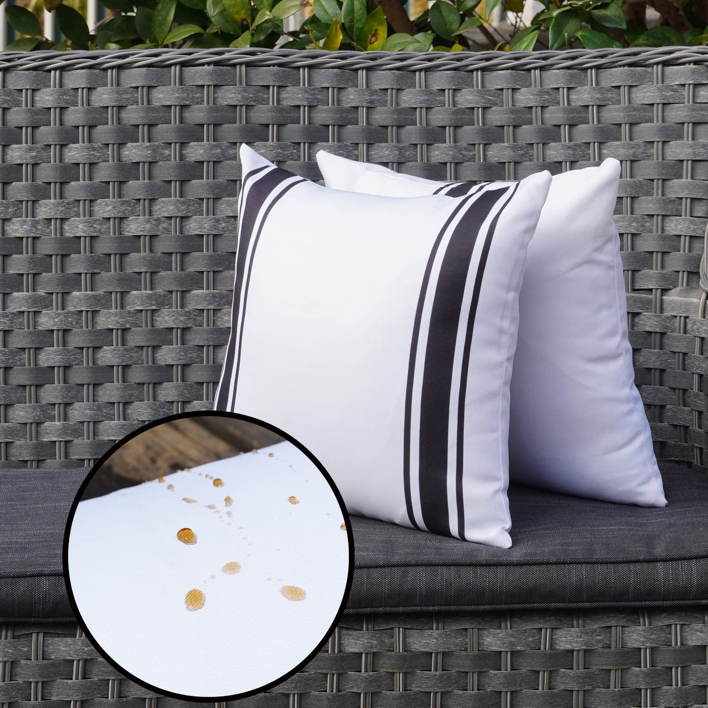 ONWAY Outdoor Pillow Covers Waterproof 18x18 Set of 2 Decorative Linen Throw Pillow Cover Beige and Black Striped Outdoor Pillows for Patio Furniture BST220