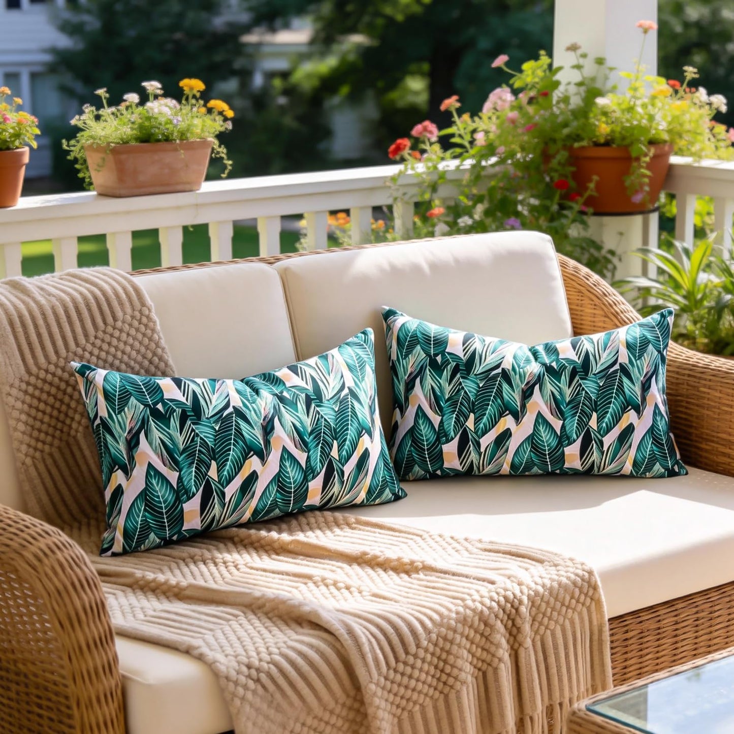 Outdoor Waterproof Pillow Covers Summer Decorative Throw Pillow Covers Tropical Leaf Couch Covers 20x20 Set of 2 Square Outdoor Floral Cushion Cases for Patio Furniture Garden Tent Balcony Bench BST220