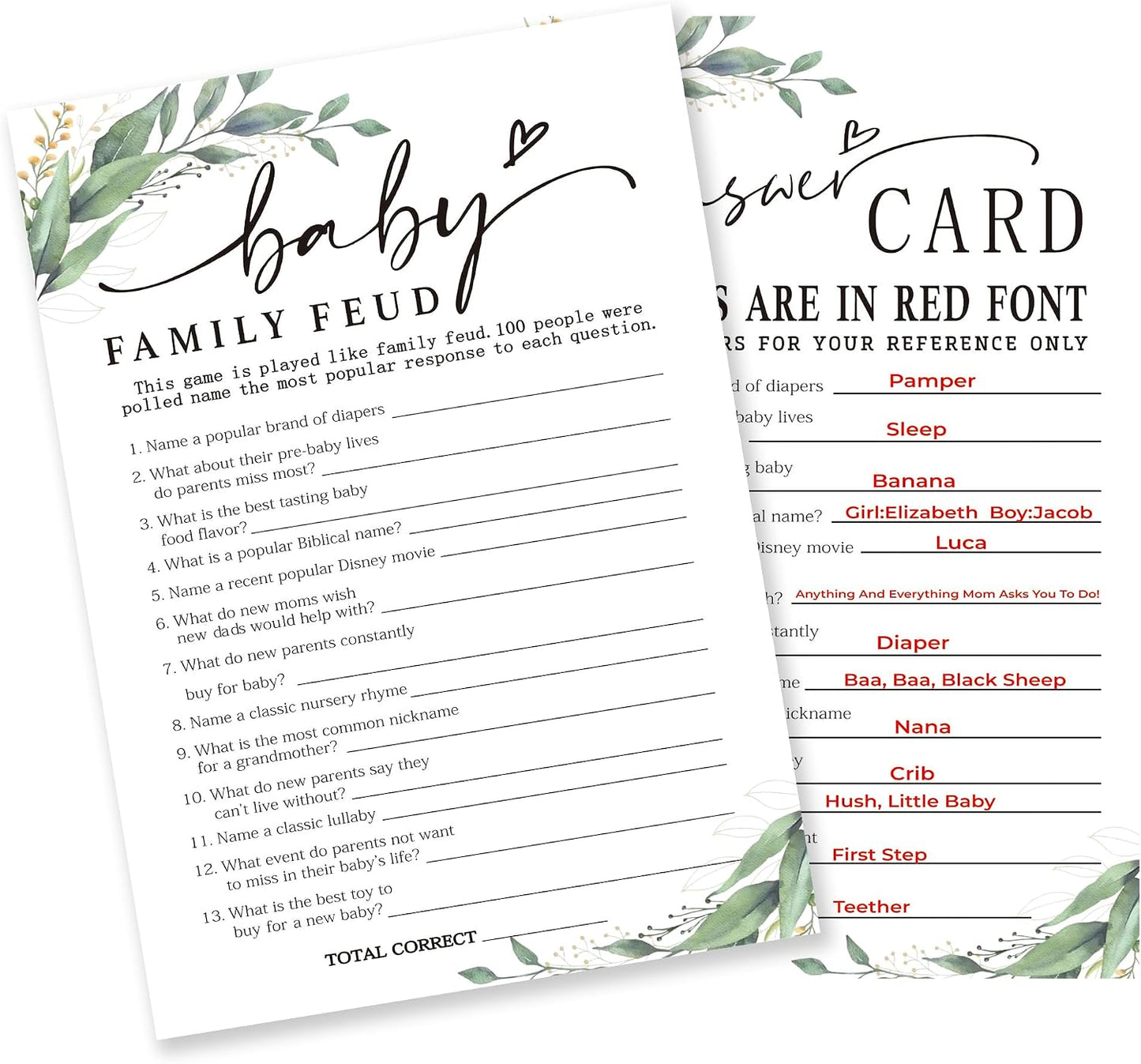 Baby Family Feud Baby Shower Game, 30 Greenery And White Game Cards For Girl Boy With 1 Answer Card, Gender Reveal Games, Baby Announcement,Party Favor & Supplies-B12 BST326L
