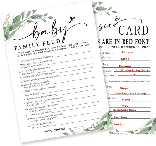 Baby Family Feud Baby Shower Game, 30 Greenery And White Game Cards For Girl Boy With 1 Answer Card, Gender Reveal Games, Baby Announcement,Party Favor & Supplies-B12 BST326L